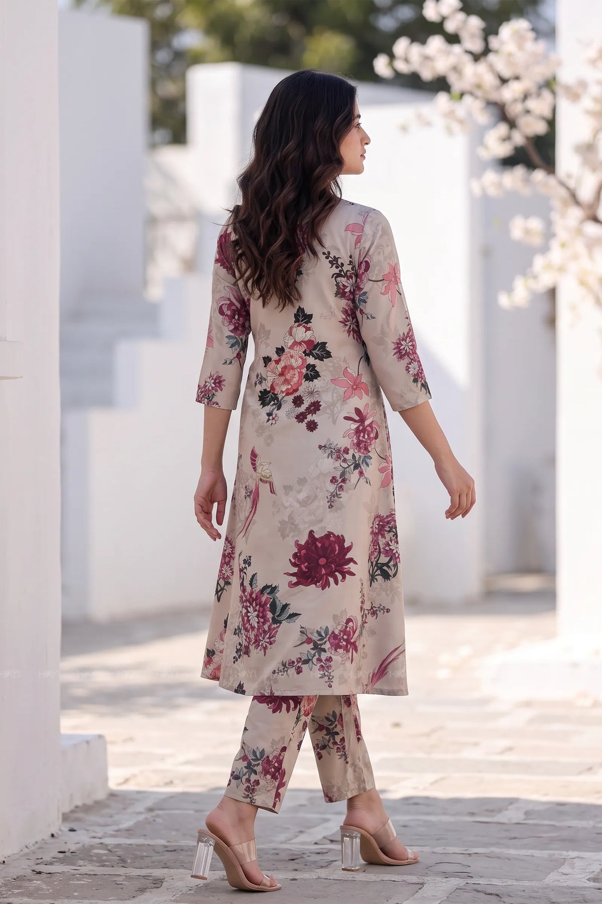 Winged Blossom White Silk Blend Printed Co-ord Set