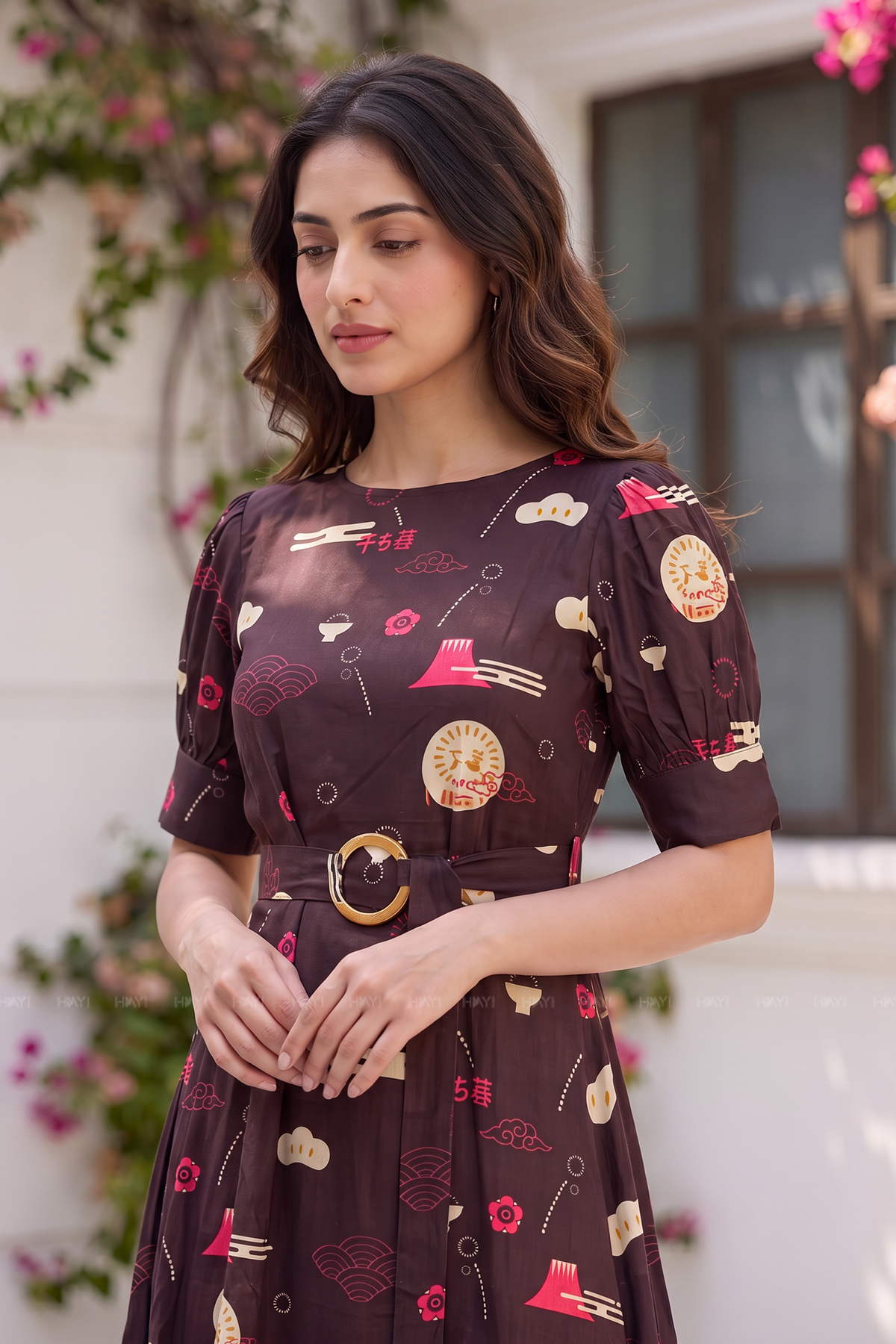 Brocade Lantern Brown Viscose Printed Umbrella Outfit