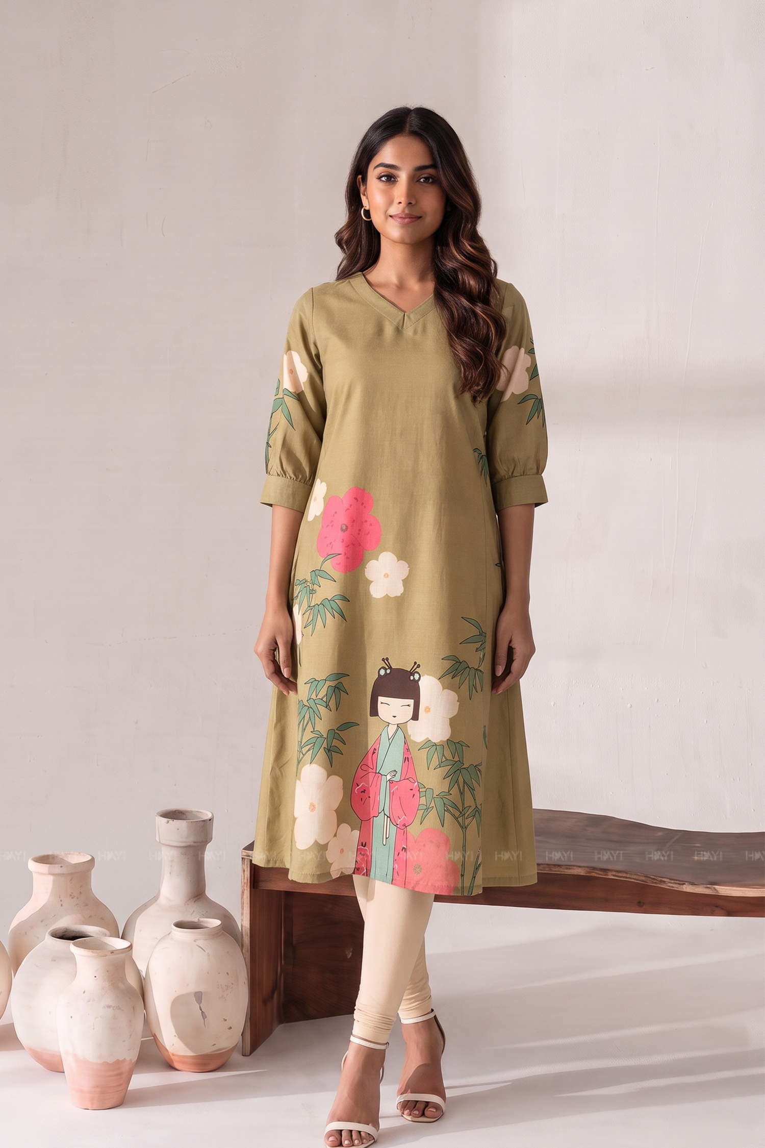 Peony Grace  V-Neck Printed A-Line Outfit