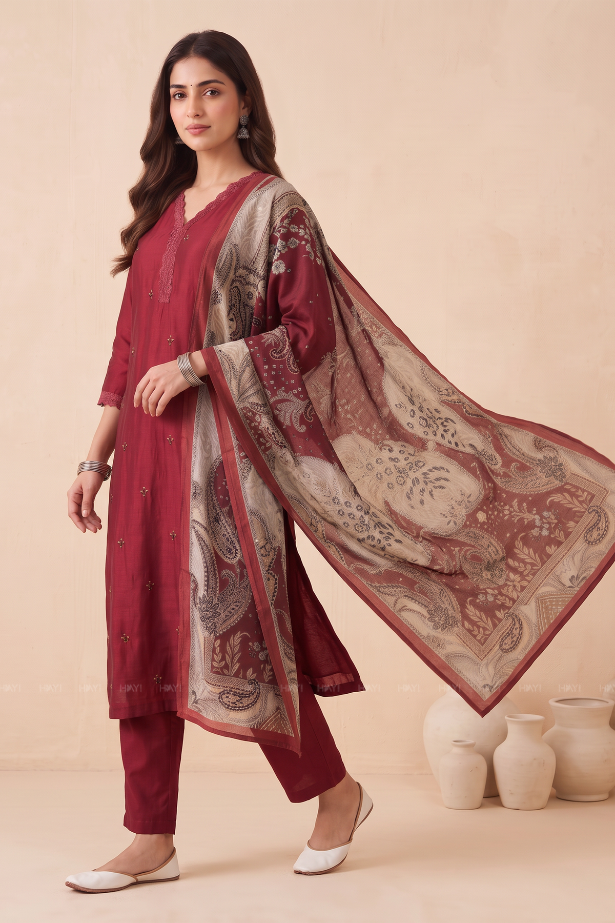 Althea Paisley Red Silk Blend Embroidered 3-Piece Kurta Set