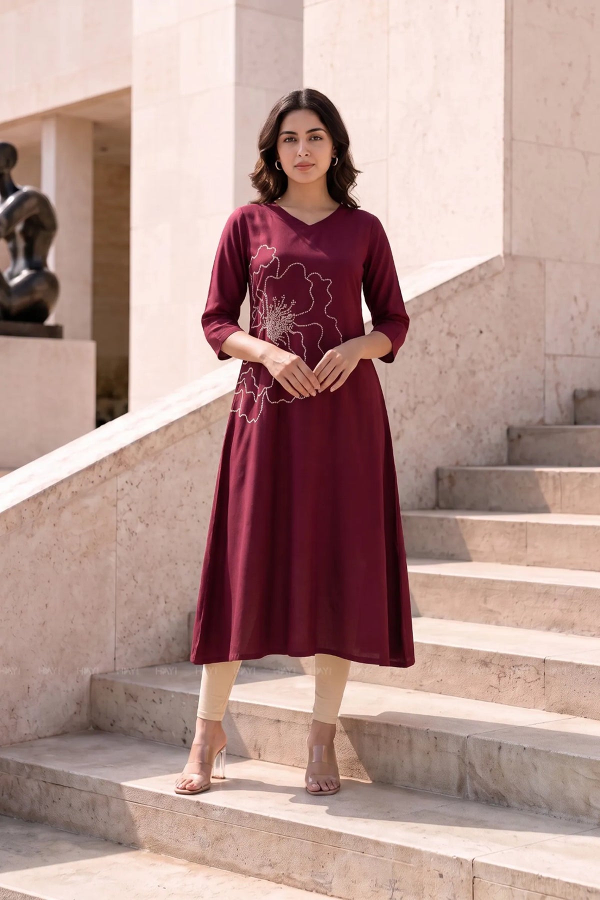 Scarlet Serenity Maroon Printed A-Line Dress