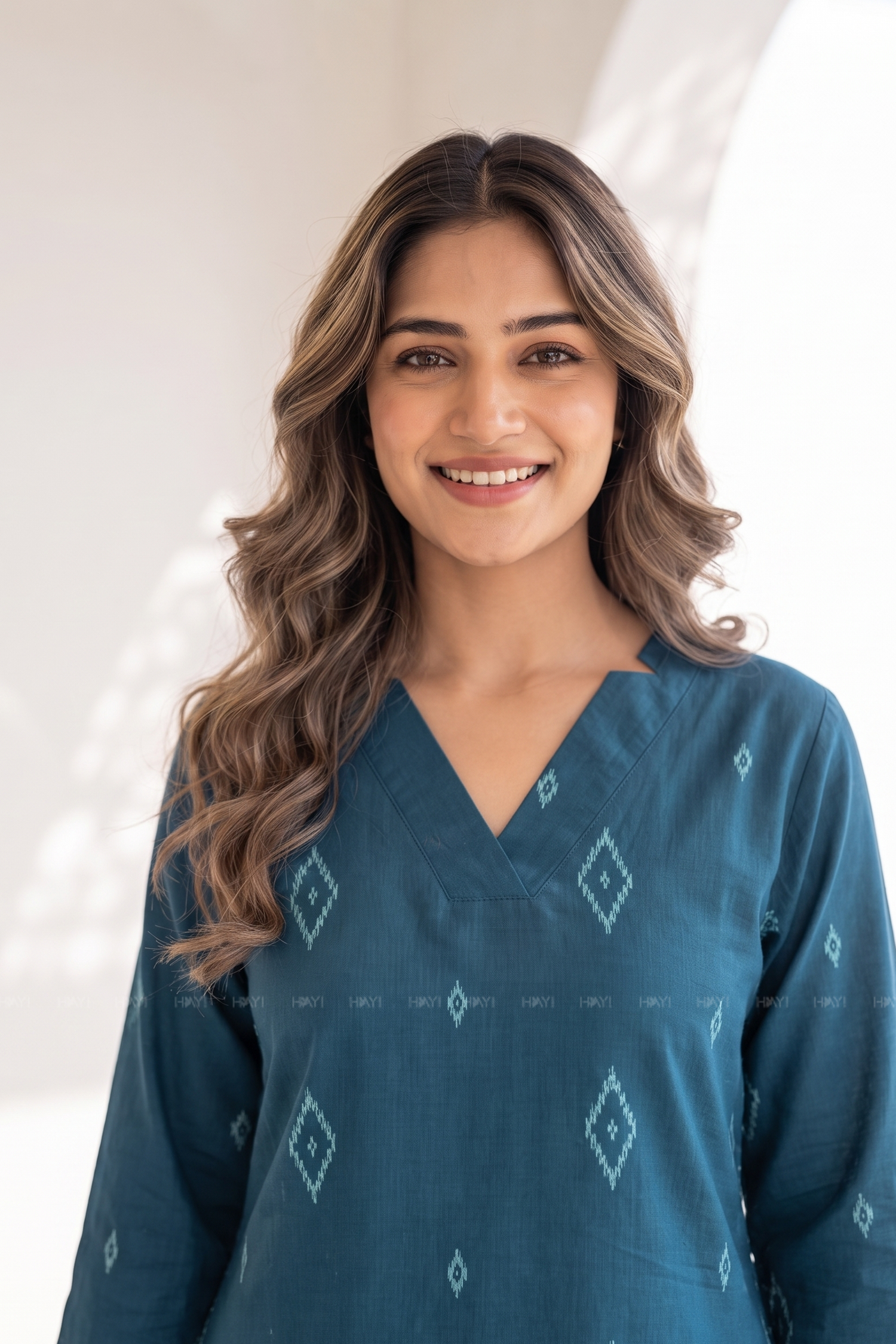Blue Mosaic Collared V-Neck Co-Ord Set