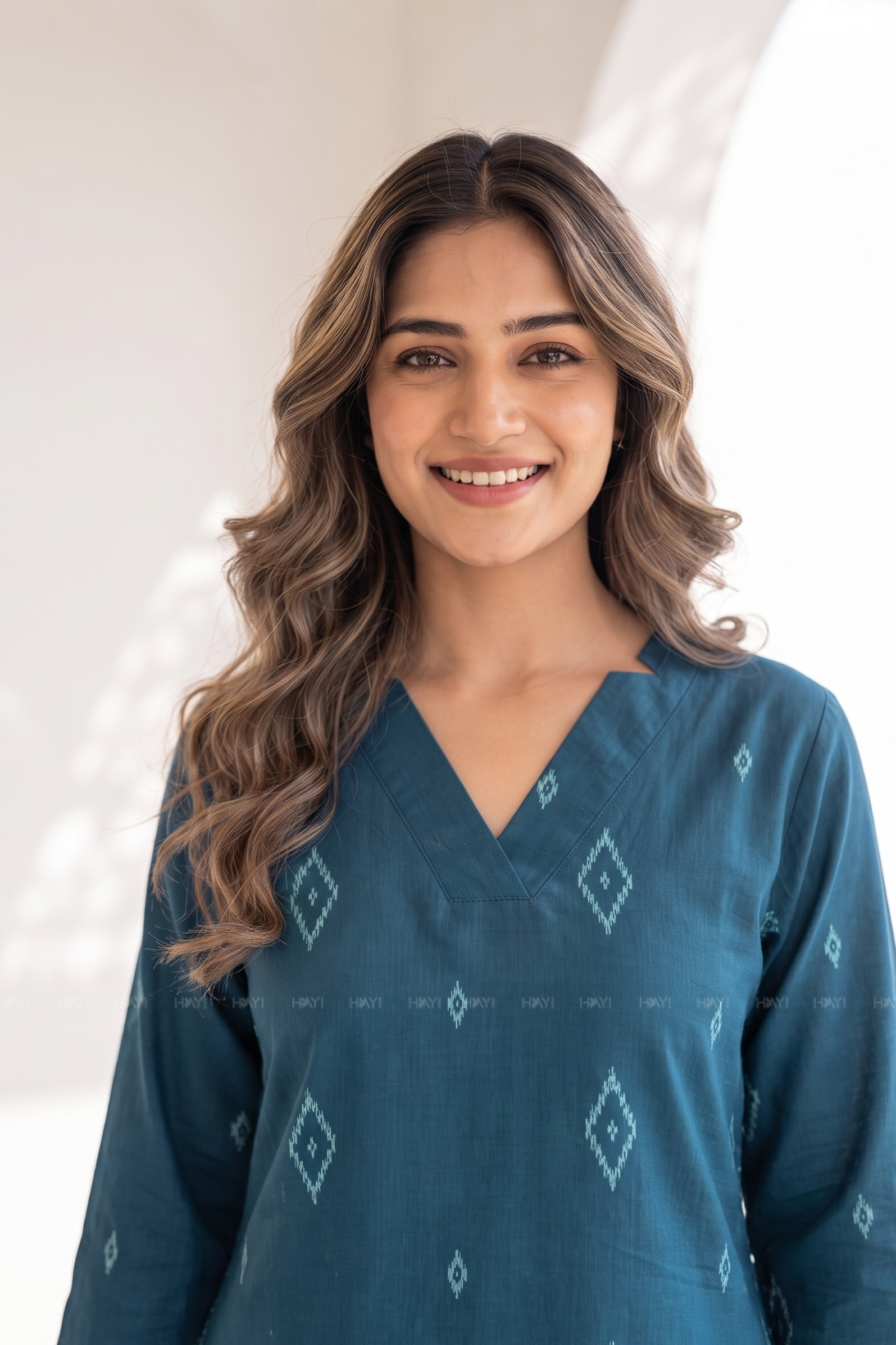 Blue Mosaic Collared V-Neck Co-Ord Set