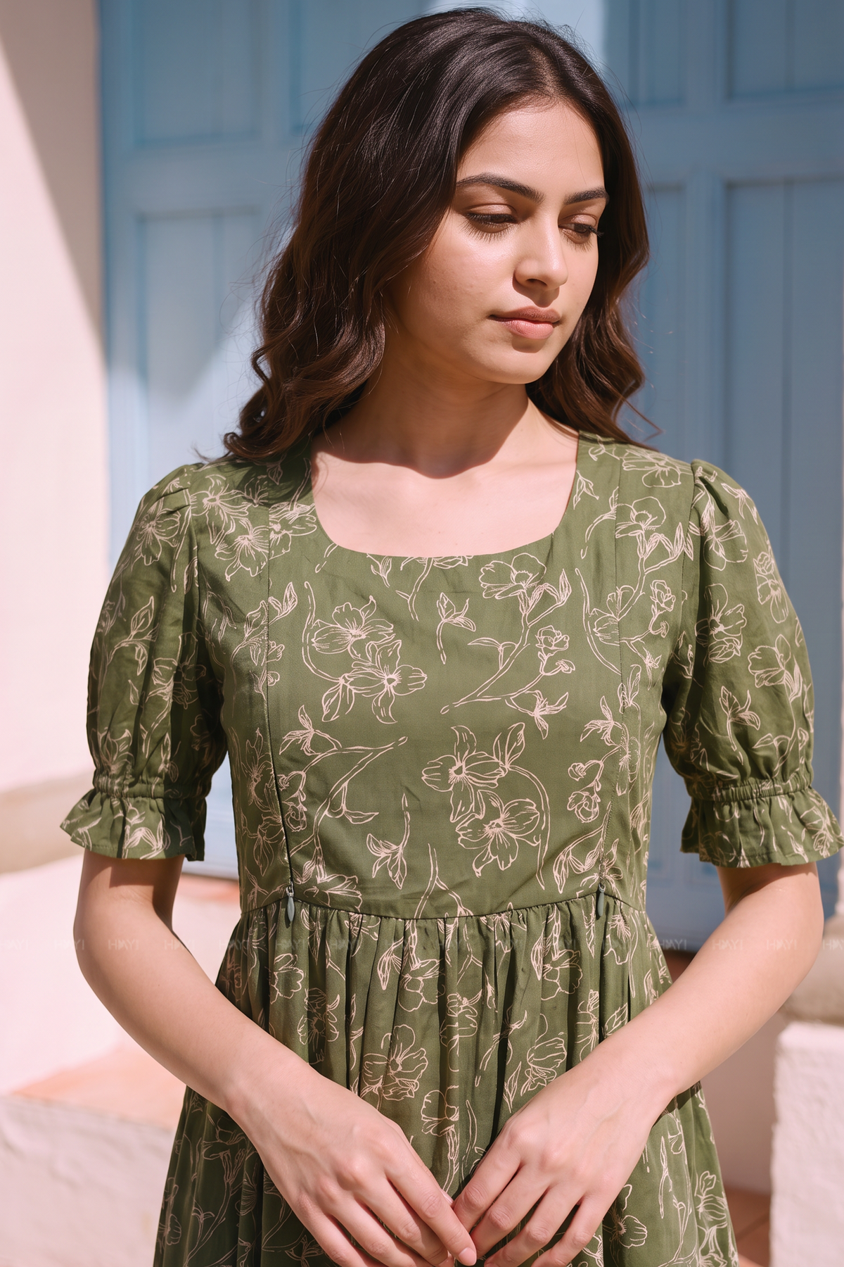 Olive Muse Green Floral Printed Maternity Maxi Dress