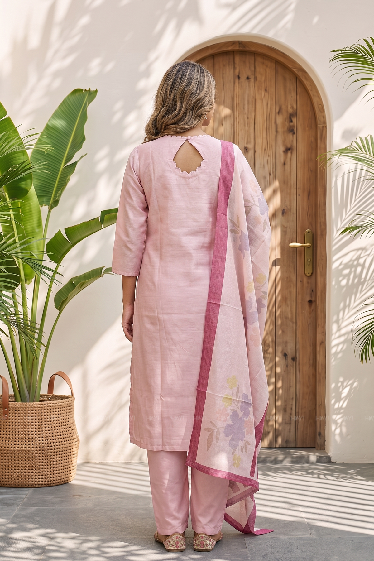 Rose Mist Light Pink 3 Piece Tussar Silk Blend Floral Embroidered &amp; Printed Kurta with Pant &amp; Dupatta