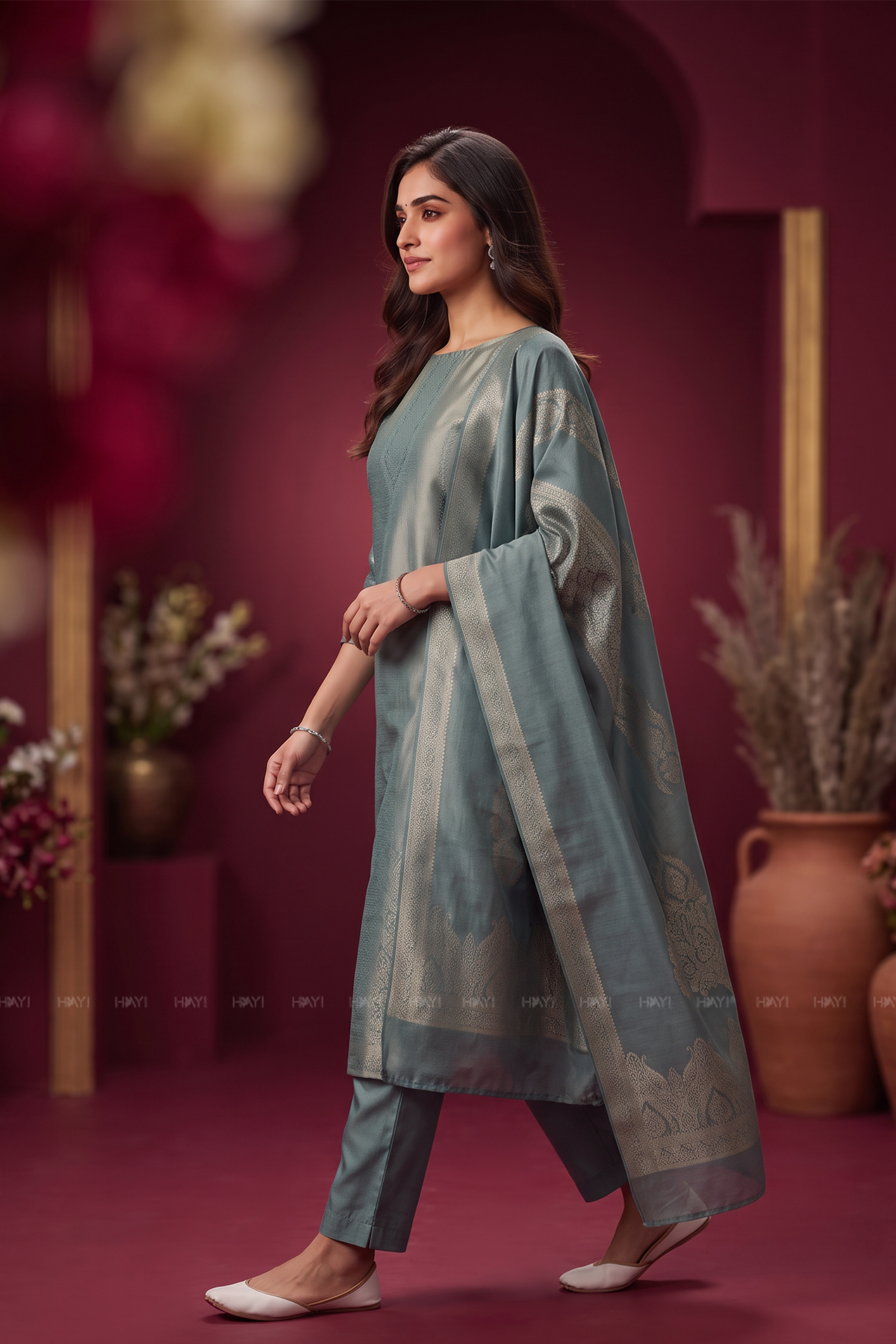 Aavira Ice Blue Silk Blend Jacquard 2 Piece set
