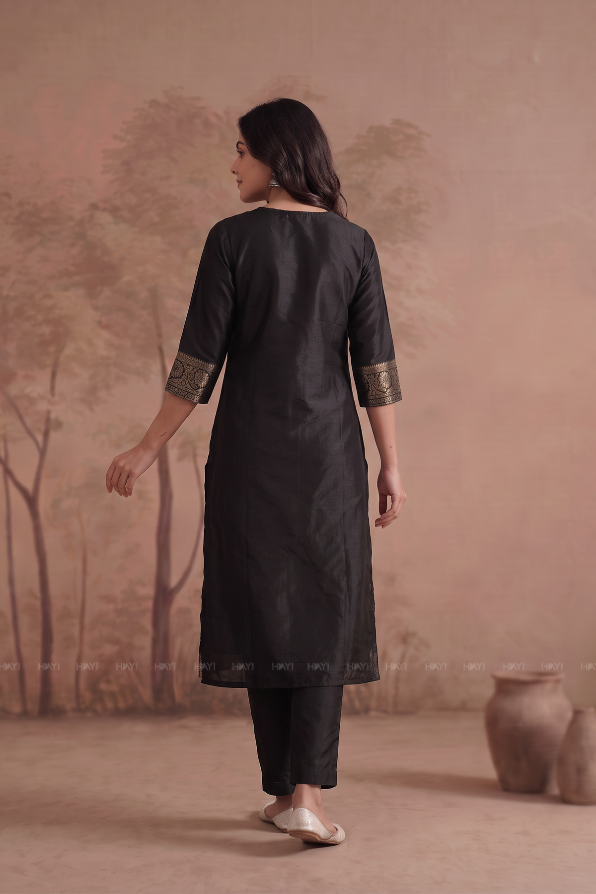 Obsidian Grace Black Silk Blend Woven 3-Piece Kurta Set