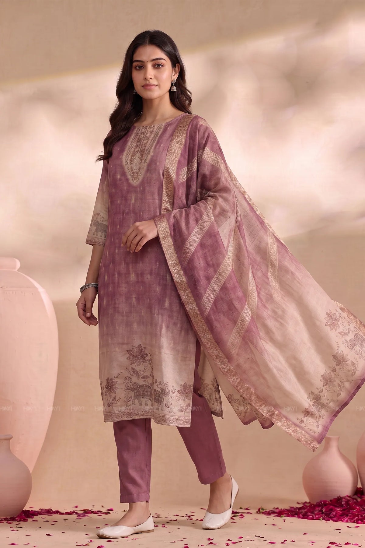 Royal Elephantino Pink Silk Blend Zari Weave 3-Piece Kurta Set