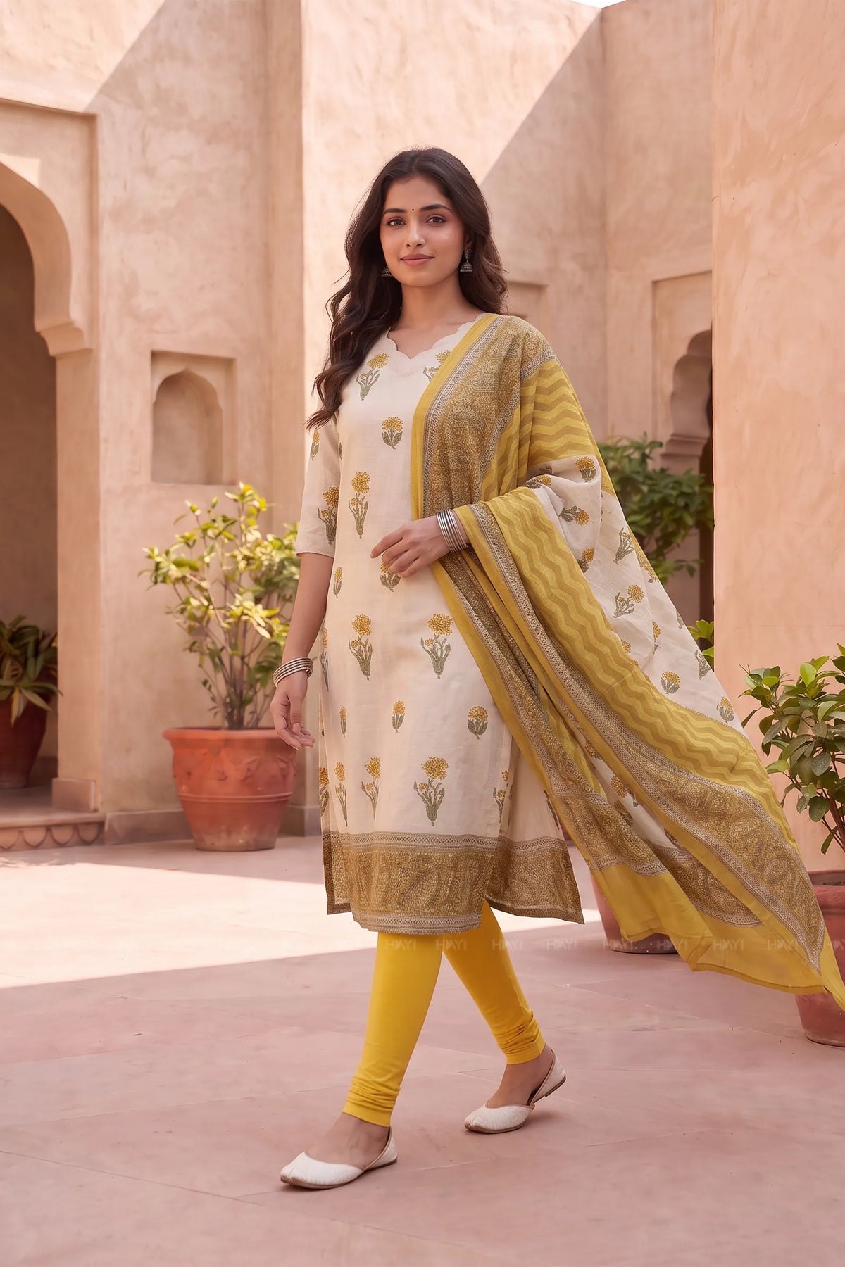 Marigold Meadow Beige Tussar Silk Blend Floral Printed 3-Piece Kurta Set