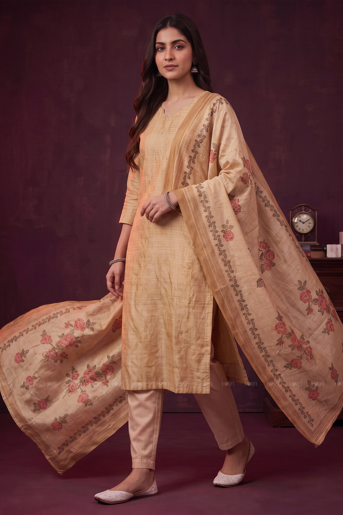 Golden Petal Yellow Tussar Silk Blend 3-Piece Printed Kurta Set