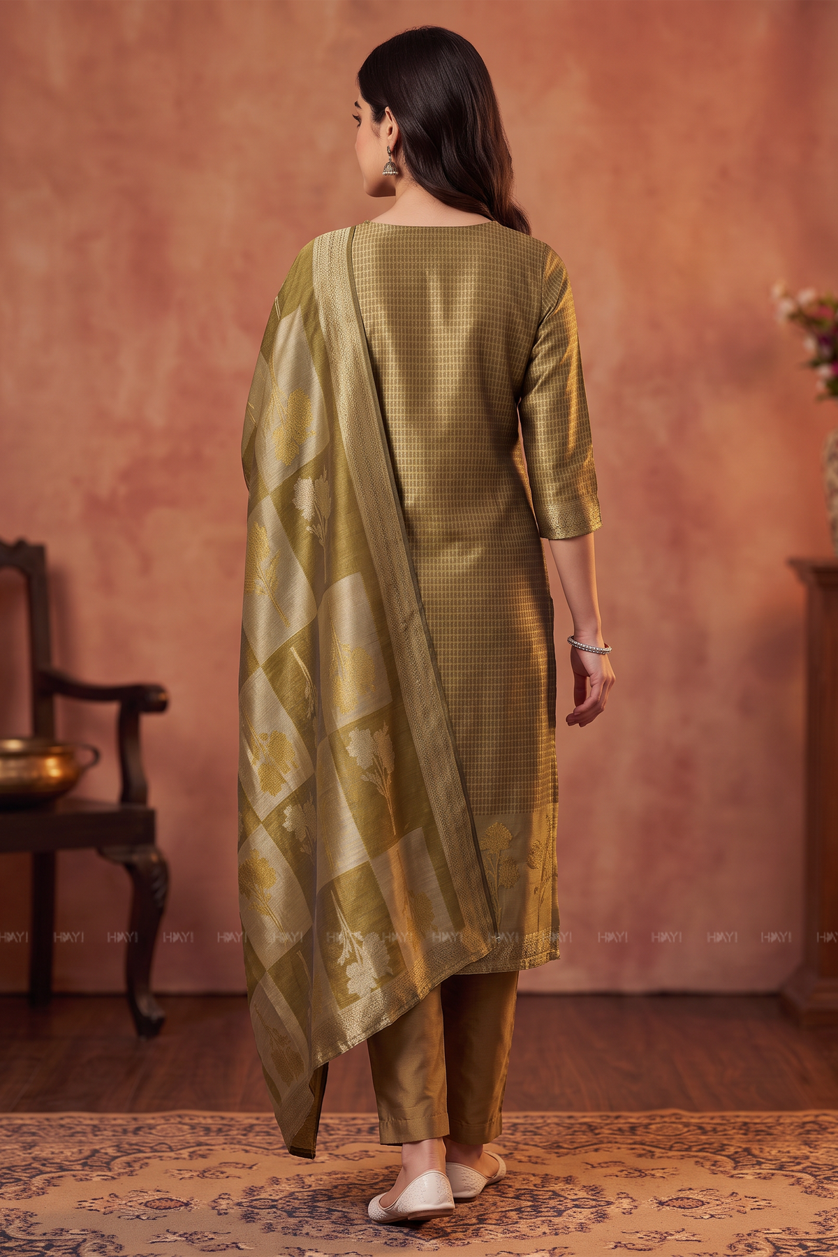Gilded Meadow Golden Yellow Silk Blend Jacquard 2-Piece Set