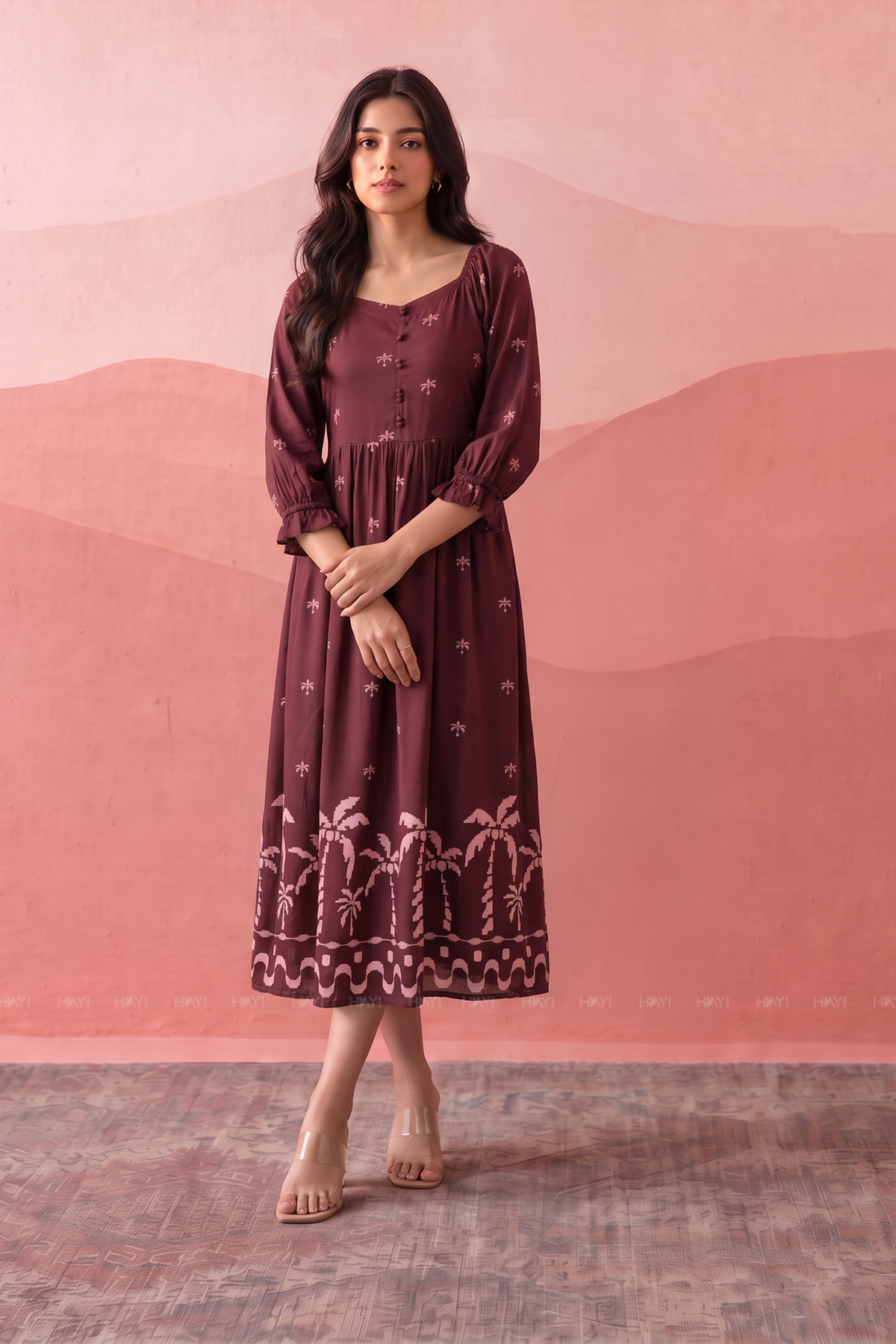 Palm Whisper Printed Maroon Dress