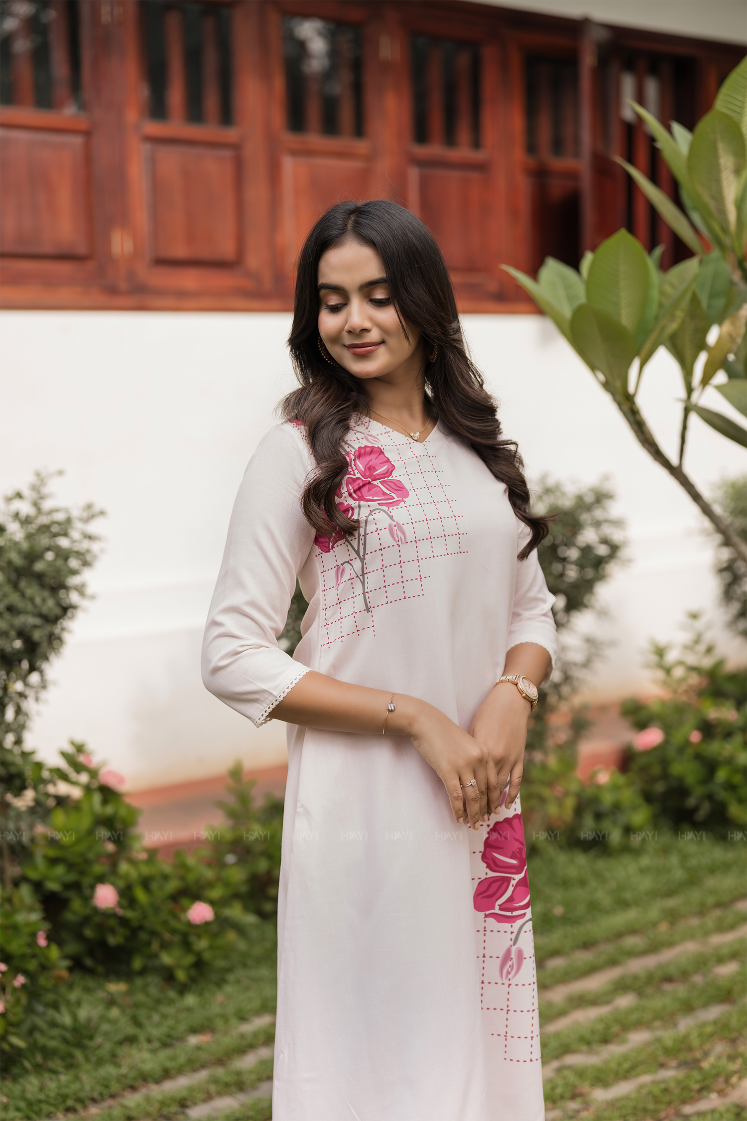 Rosecheck Path Beige Linen Blend Printed A-Line Dress