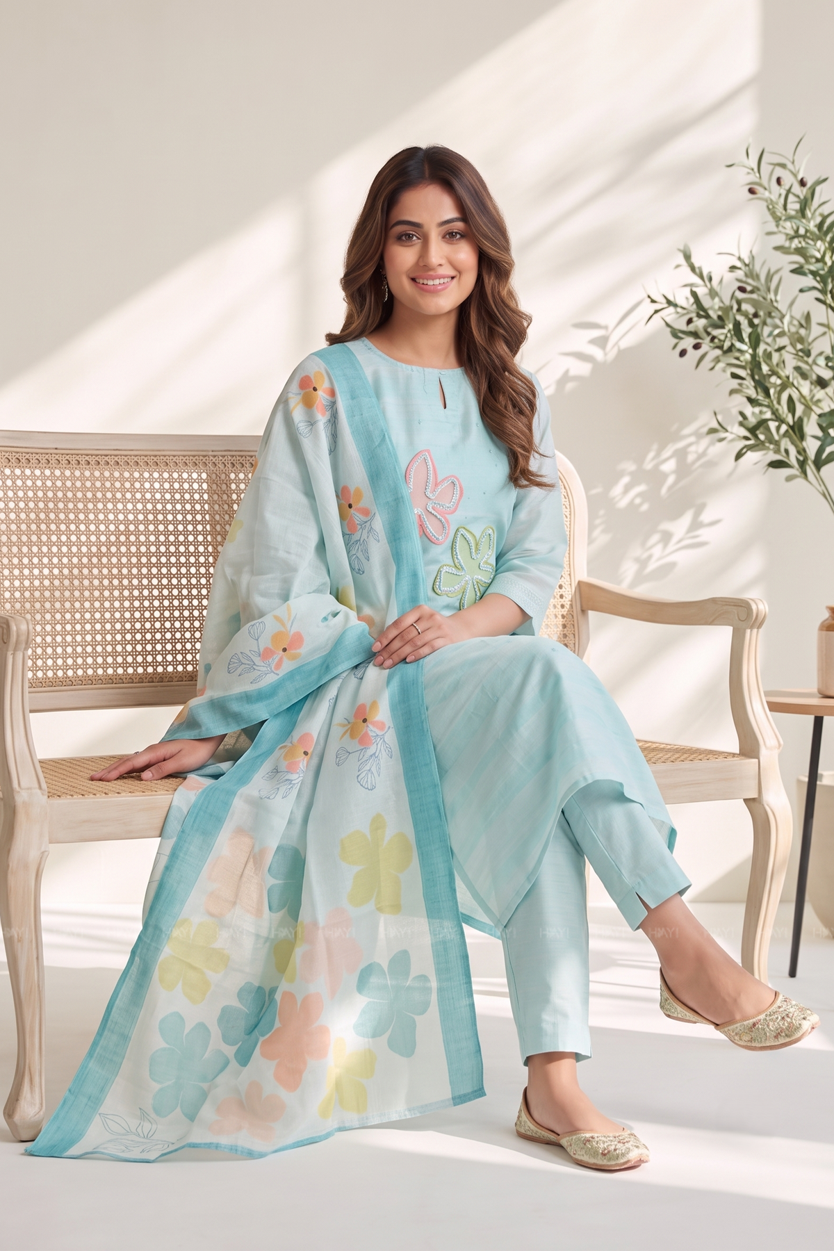 Blueish Blue 3 Piece Tussar Silk Blend Printed Hand-Embroidered Kurta with Pant &amp; Dupatta