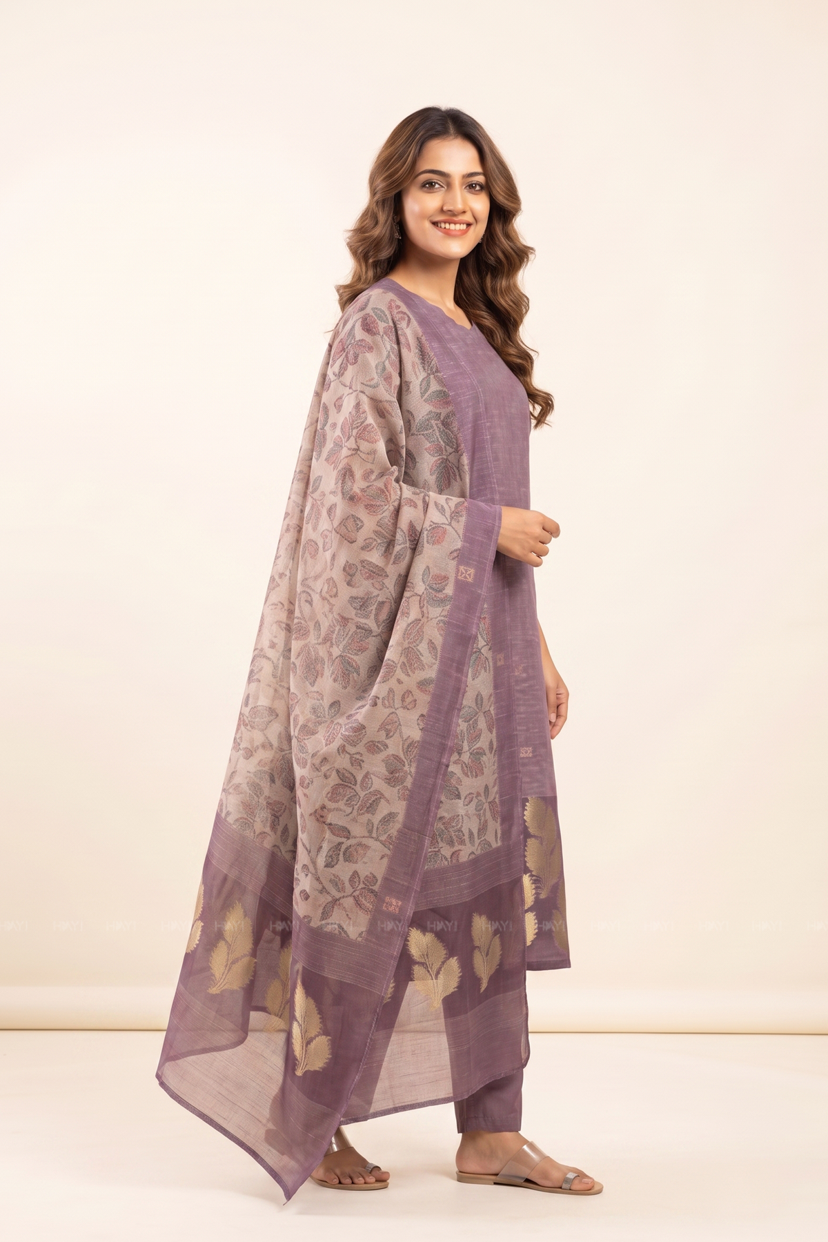 Petal Mist Jacquard 3 Piece Linen Kurta Set with Dupatta