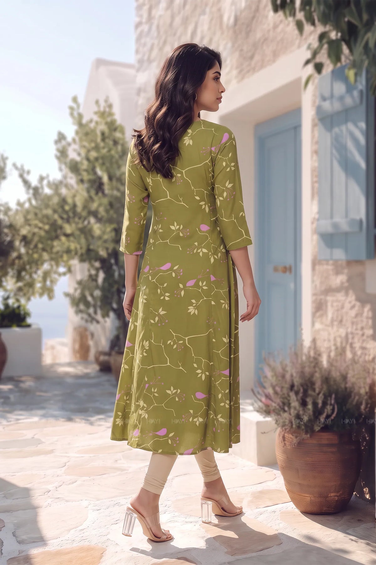 Sparrow Bloom Green Floral Printed Viscose A-Line Kurta for Women