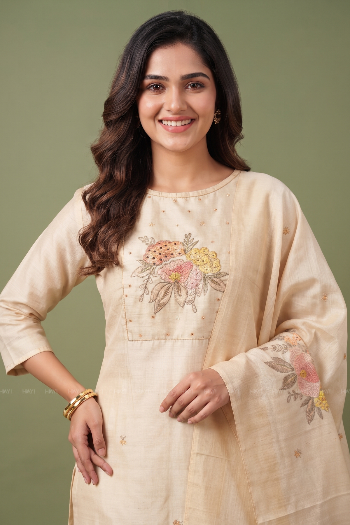 Fable Blossom Embroidered 3 Piece Butter Silk Blend Kurta Set with Dupatta