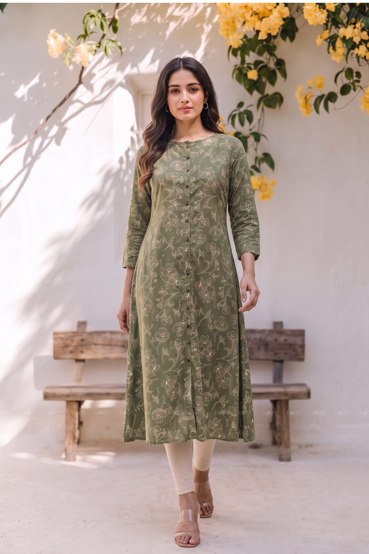 Botanical Charm Green Viscose Printed A-Line Kurta