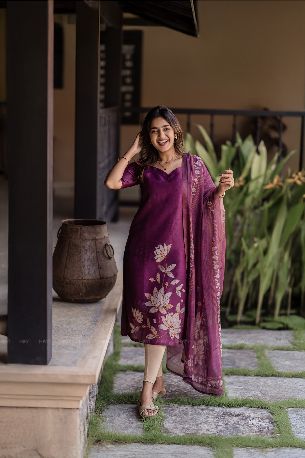 Niloufer Pink printed 2 Piece Muslin Shimmer Silk Kurta with Dupatta