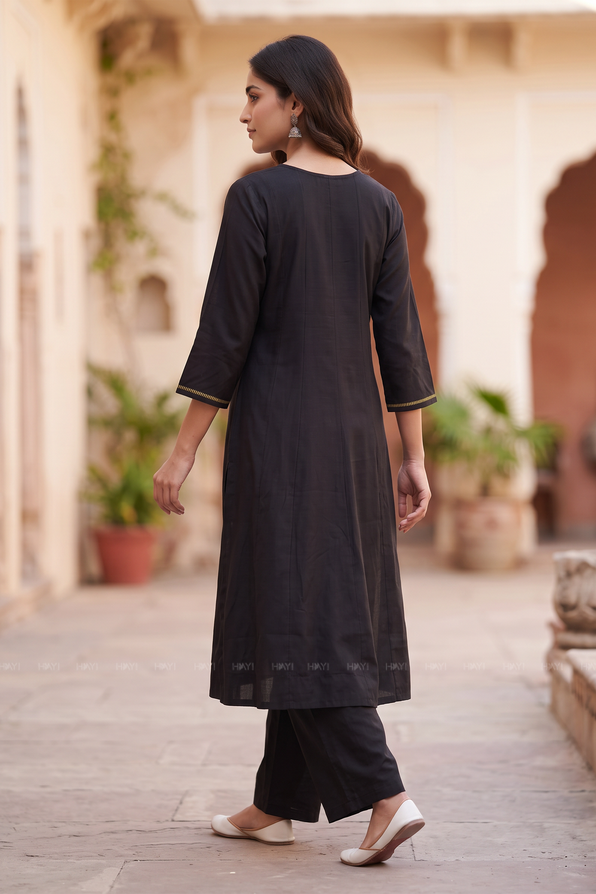 Artisan Mosaic Black Silk Blend Printed &amp; Embroidered 3-Piece Kurta Set