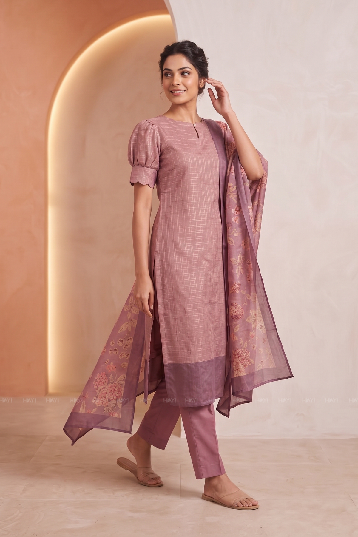 Dusky Pink Satin Daman 3 Piece Silk Check Blend Floral Printed Kurta with Pant &amp; Dupatta