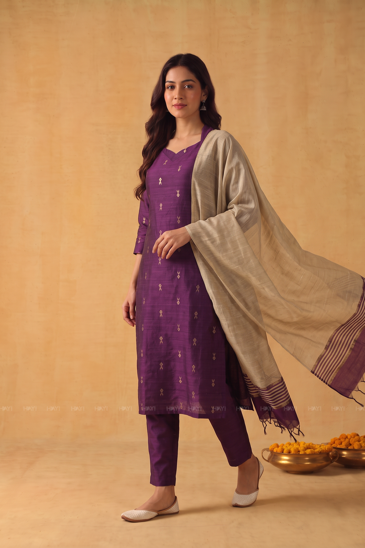 Purple Royale Silk Blend Handloom Woven 3-Piece Kurta Set