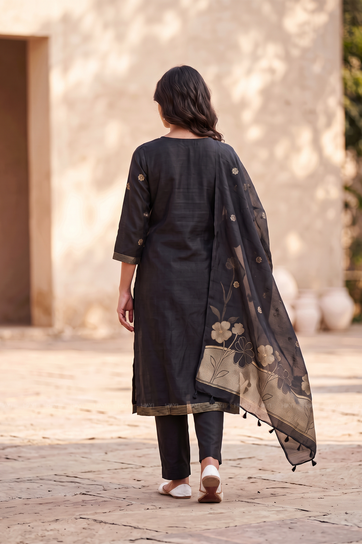 Midnight Zari Black 3 Piece Silk-Blend Kurti Set with Dupatta