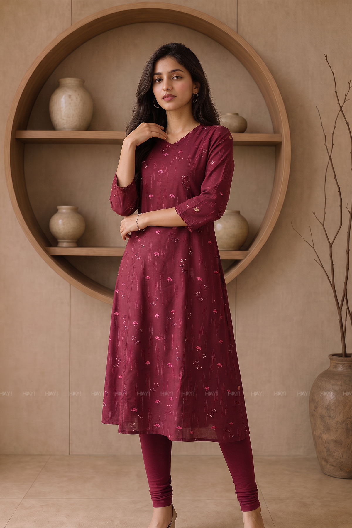 Burgundy Blossom Printed Red A-Line Kurta