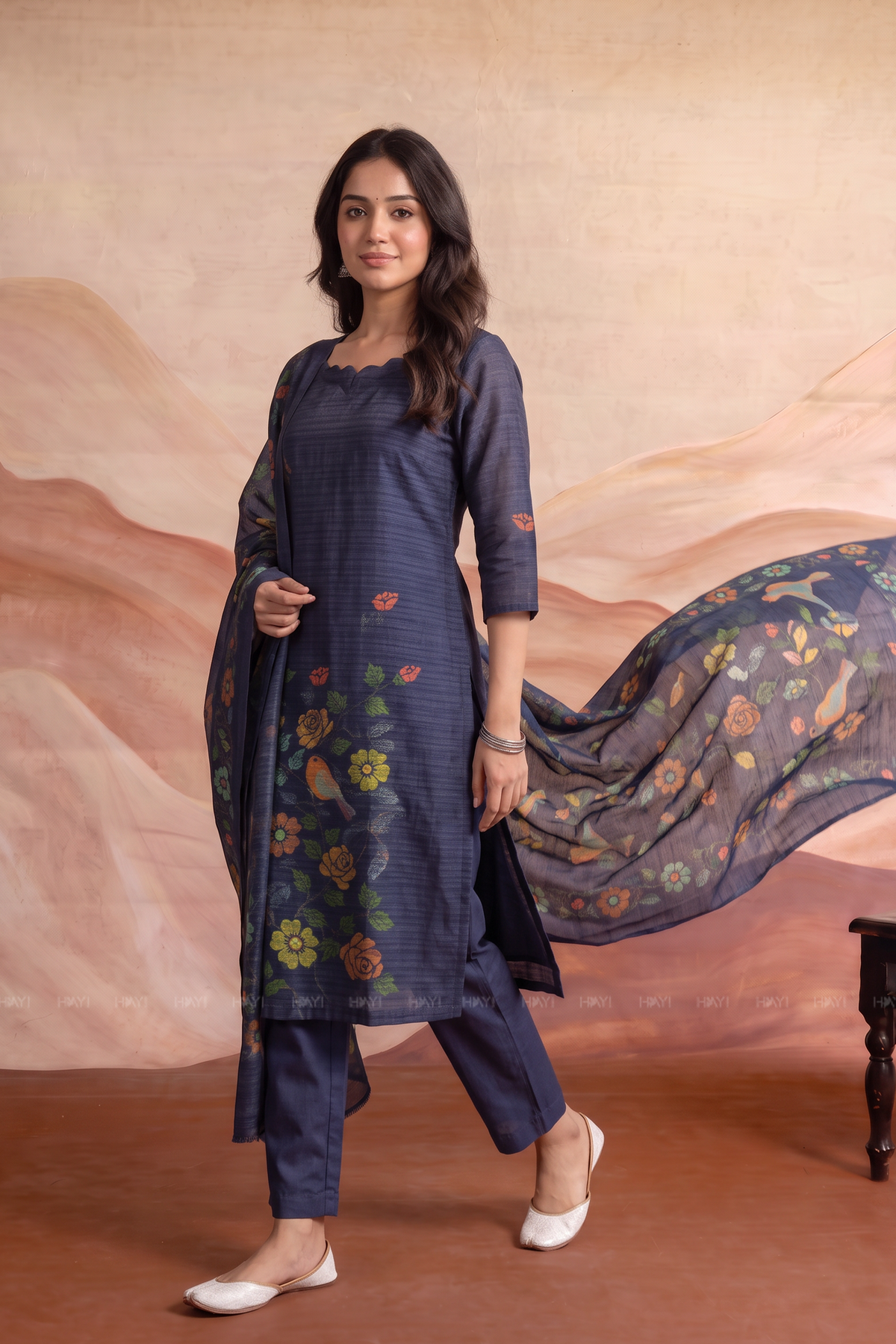 Bird Botanica Blue Tussar Silk Blend Floral Printed 3-Piece Kurta Set with Dupatta