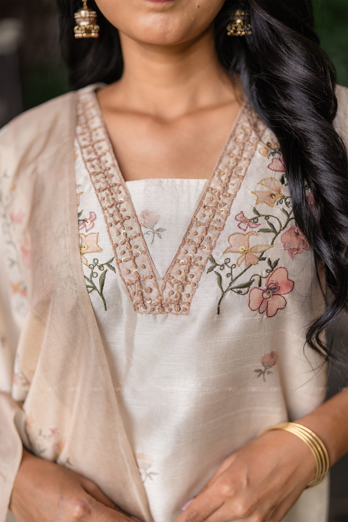 Ivory Grace Embroidered &amp; Printed 3 Piece Tussar Silk Blend Kurti Set with Dupatta