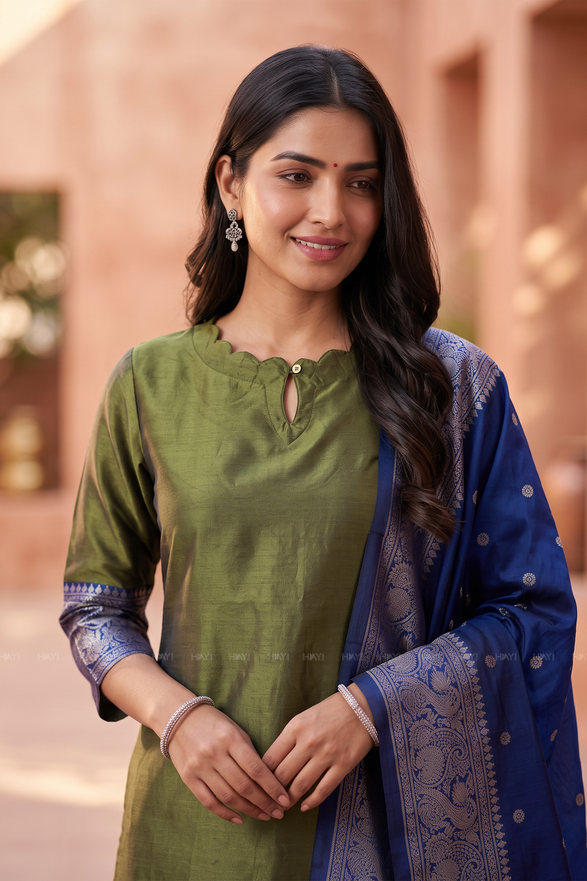 Olive Glow Green Silk Blend 3-Piece Woven Kurta Set