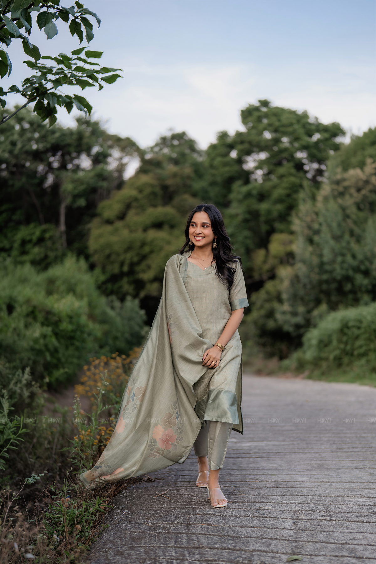 Olive Green 3 Piece Tussar Silk Printed Kurta Set with Dupatta