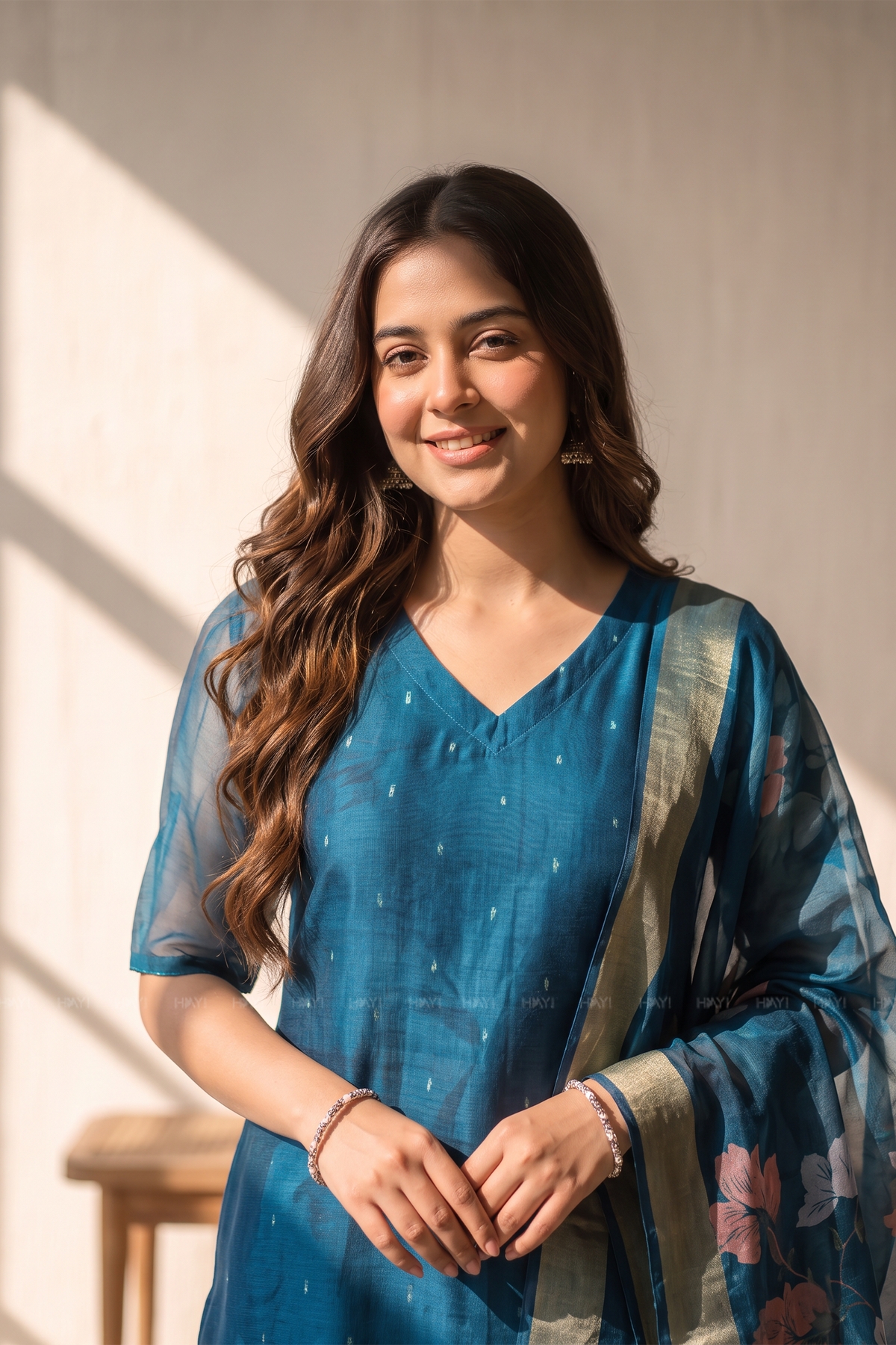 Ocean Blossom Blue Silk Blend Butti Printed 3-Piece Kurta Set