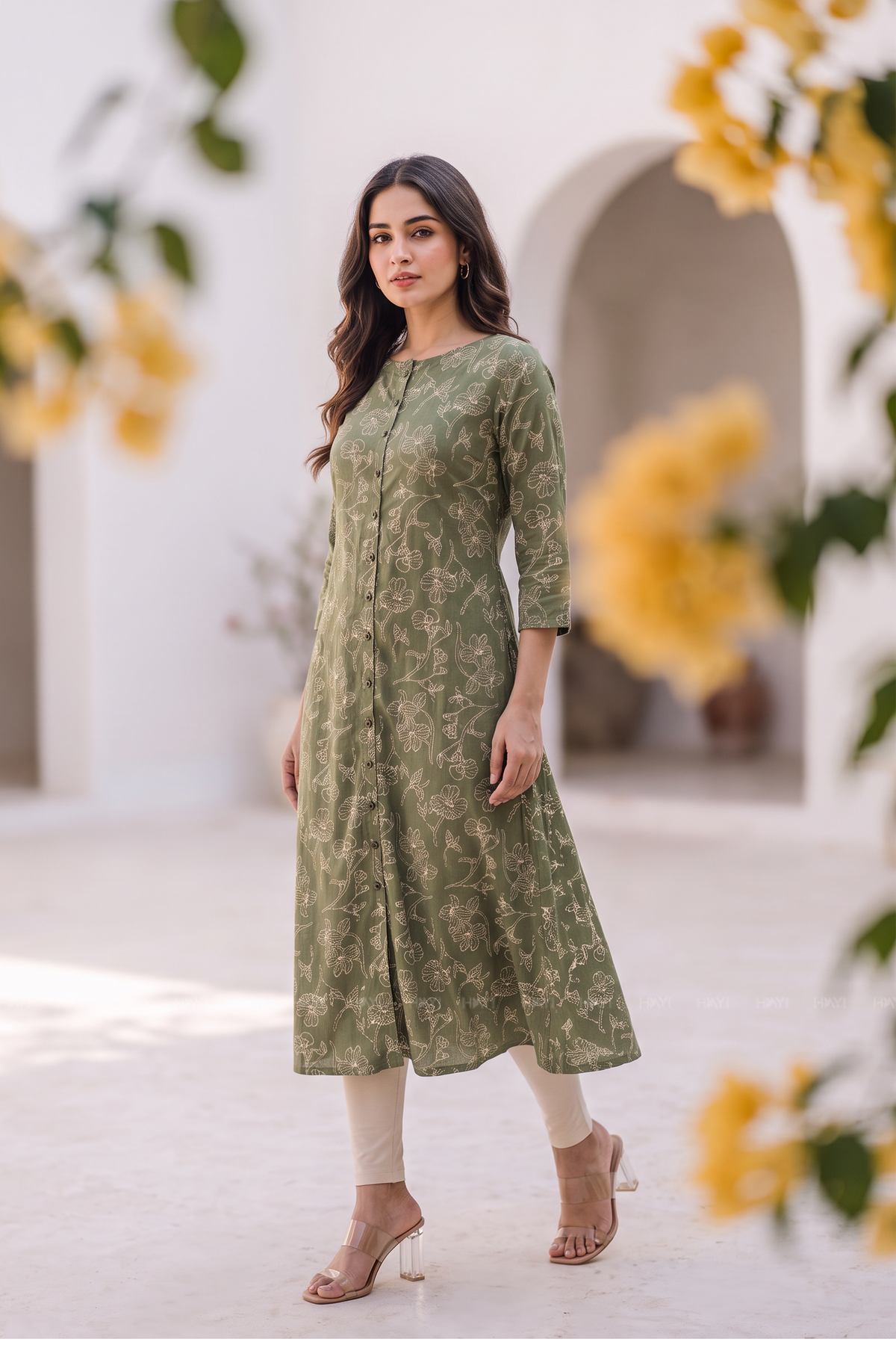 Botanical Charm Green Viscose Printed A-Line Kurta