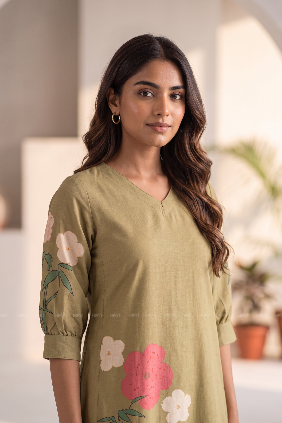 Peony Grace  V-Neck Printed A-Line Outfit
