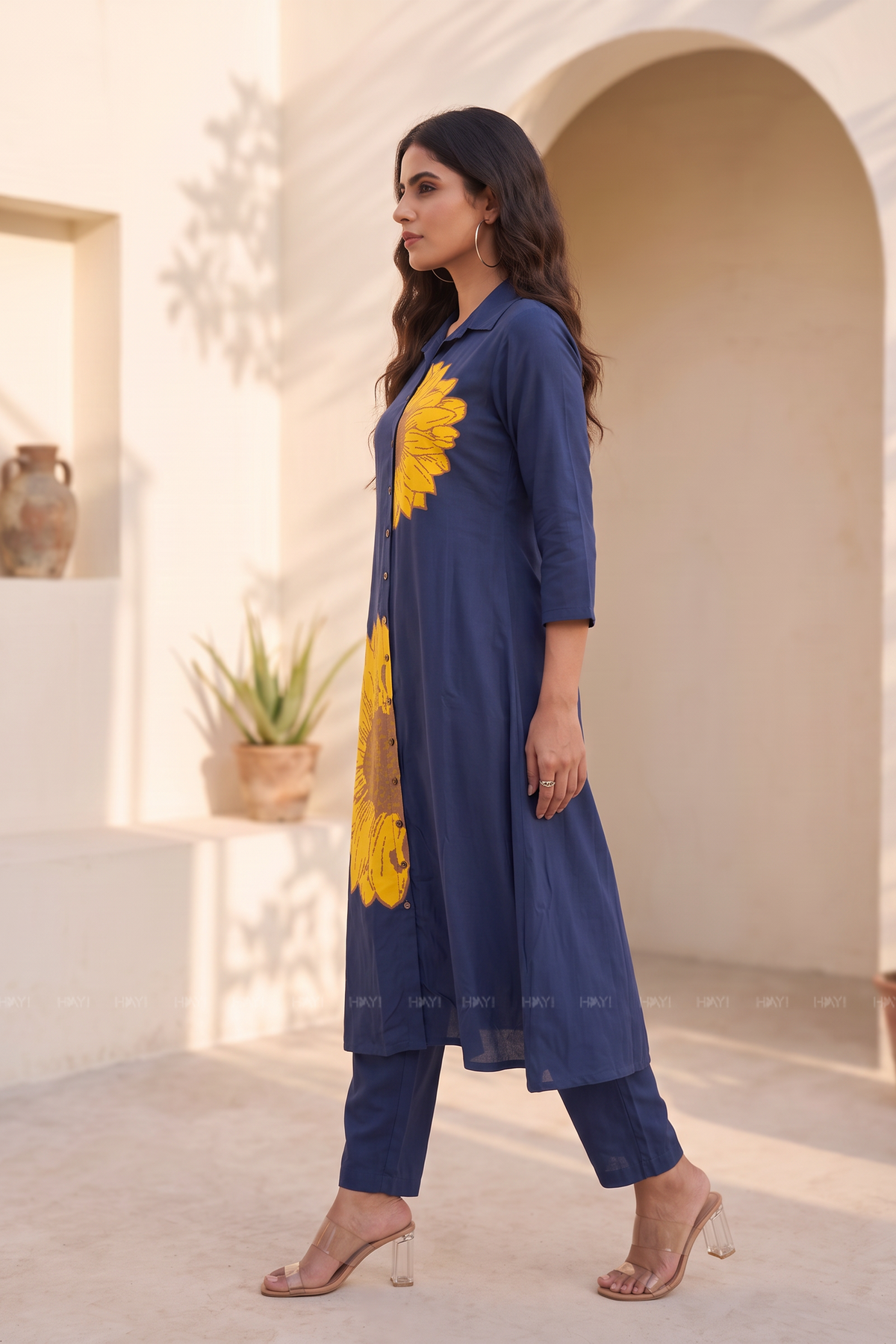 Sunflower Sapphire Floral Shirt Collar A-Line Dress