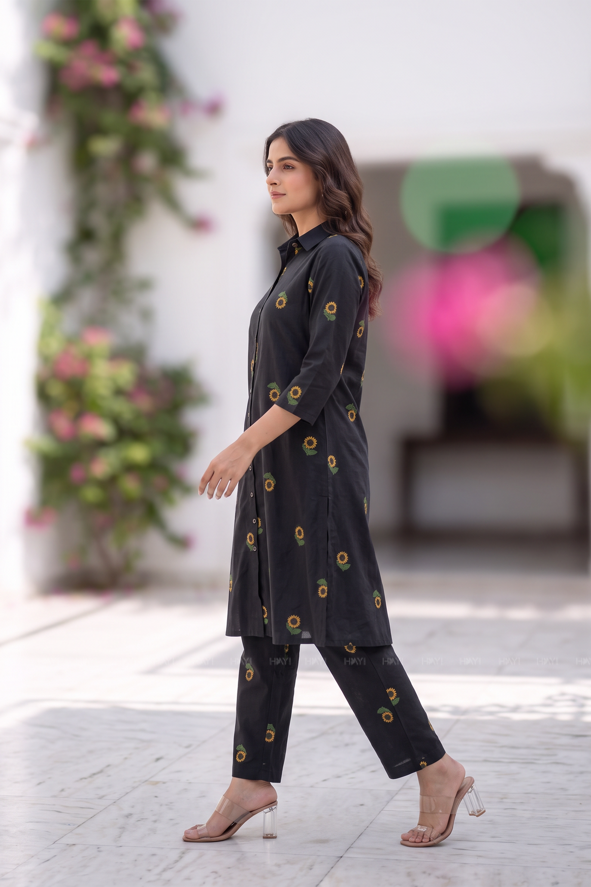 Sunflower Muse Black Cotton Flax Printed Co-ords Set