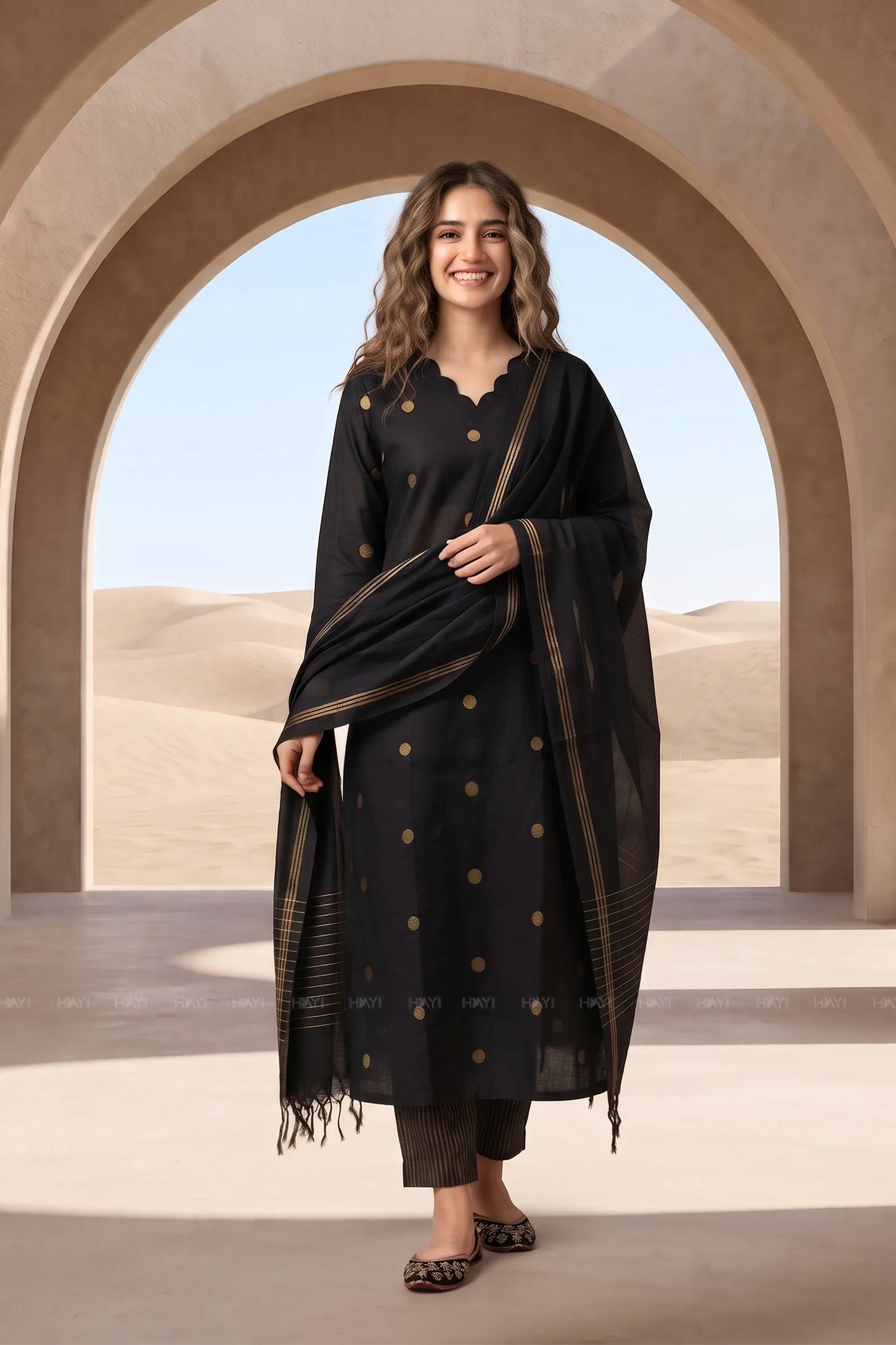 Midnight Gold Black Printed Elegant 3 Piece Kurta set