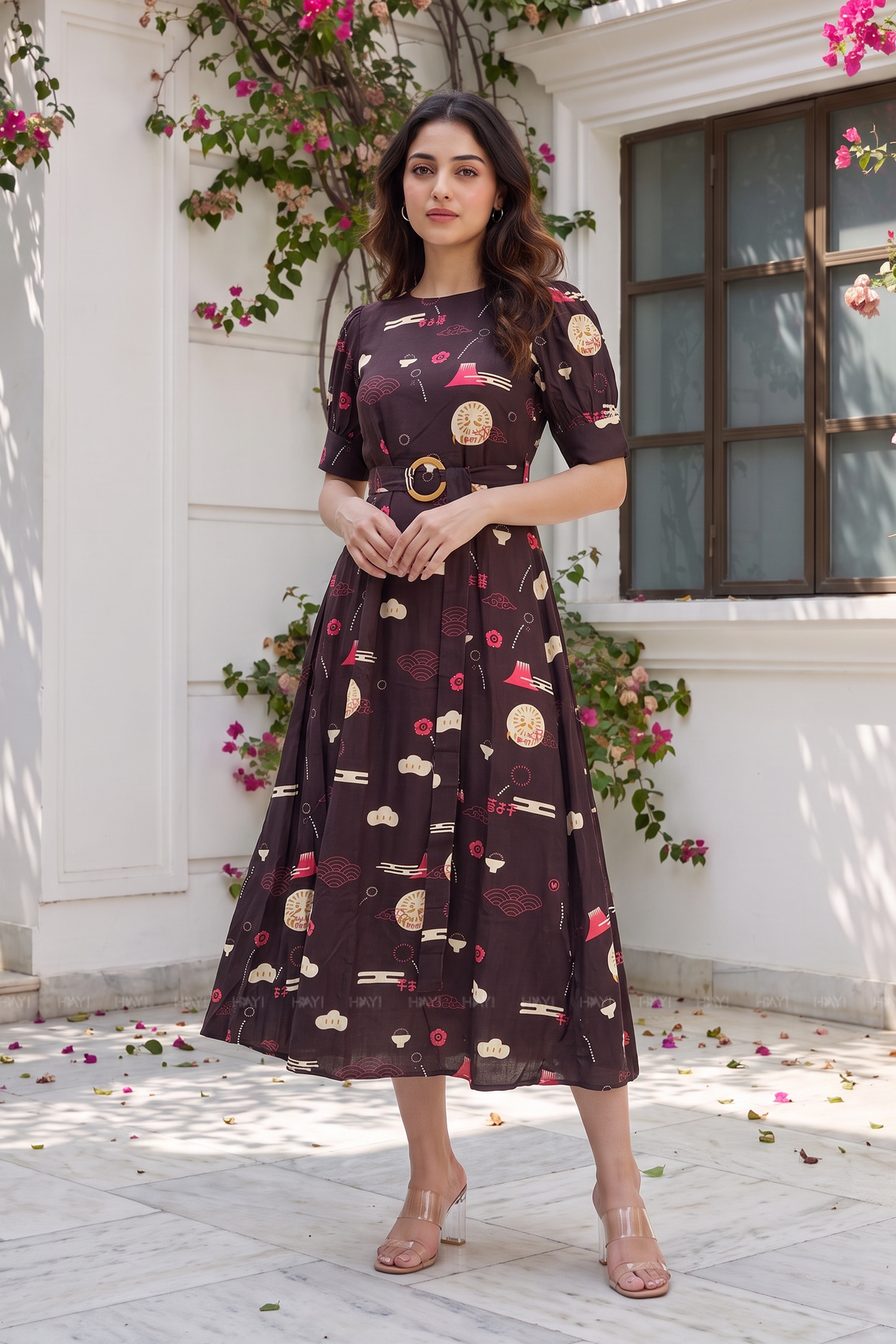 Brocade Lantern Brown Viscose Printed Umbrella Outfit