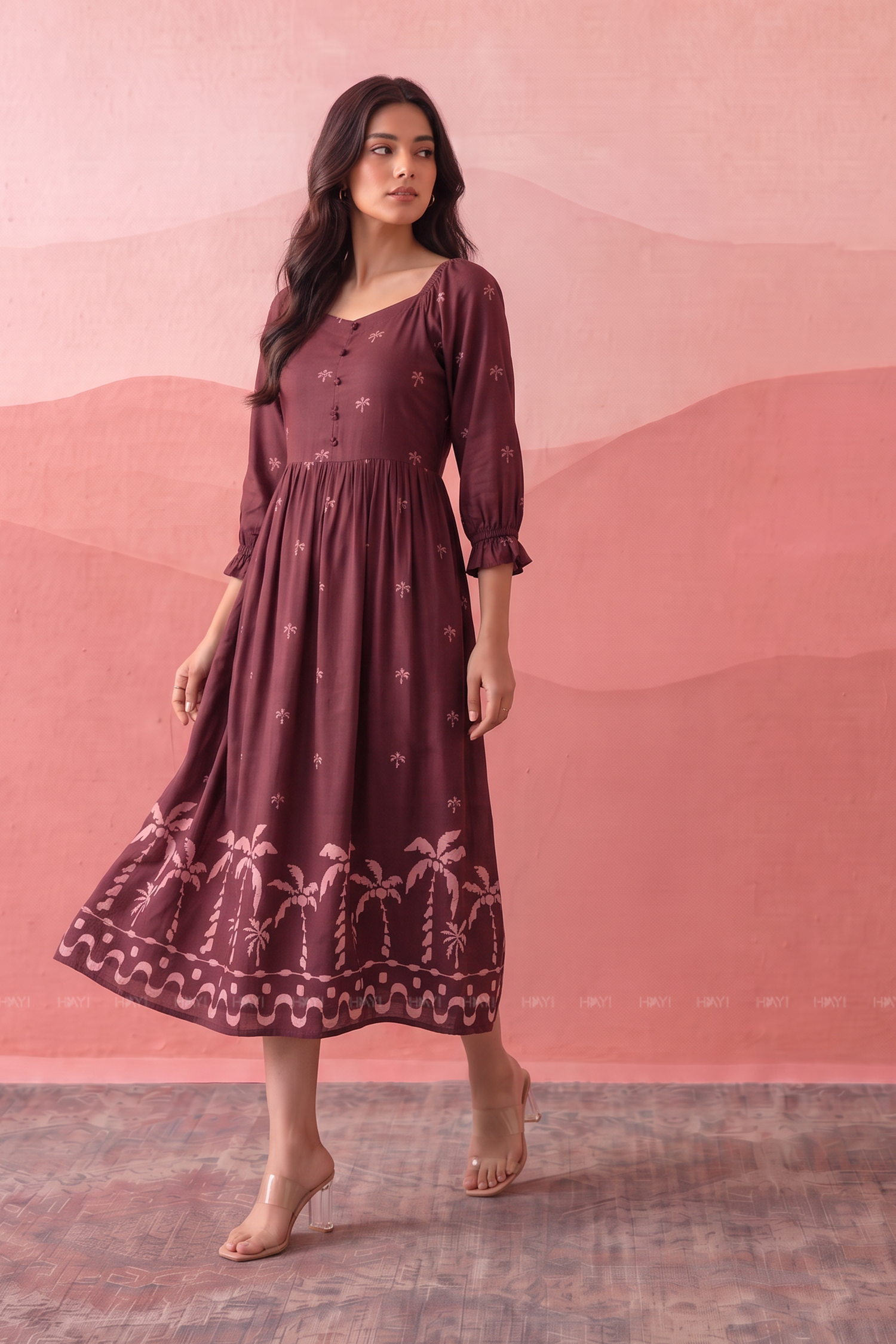 Palm Whisper Printed Maroon Dress