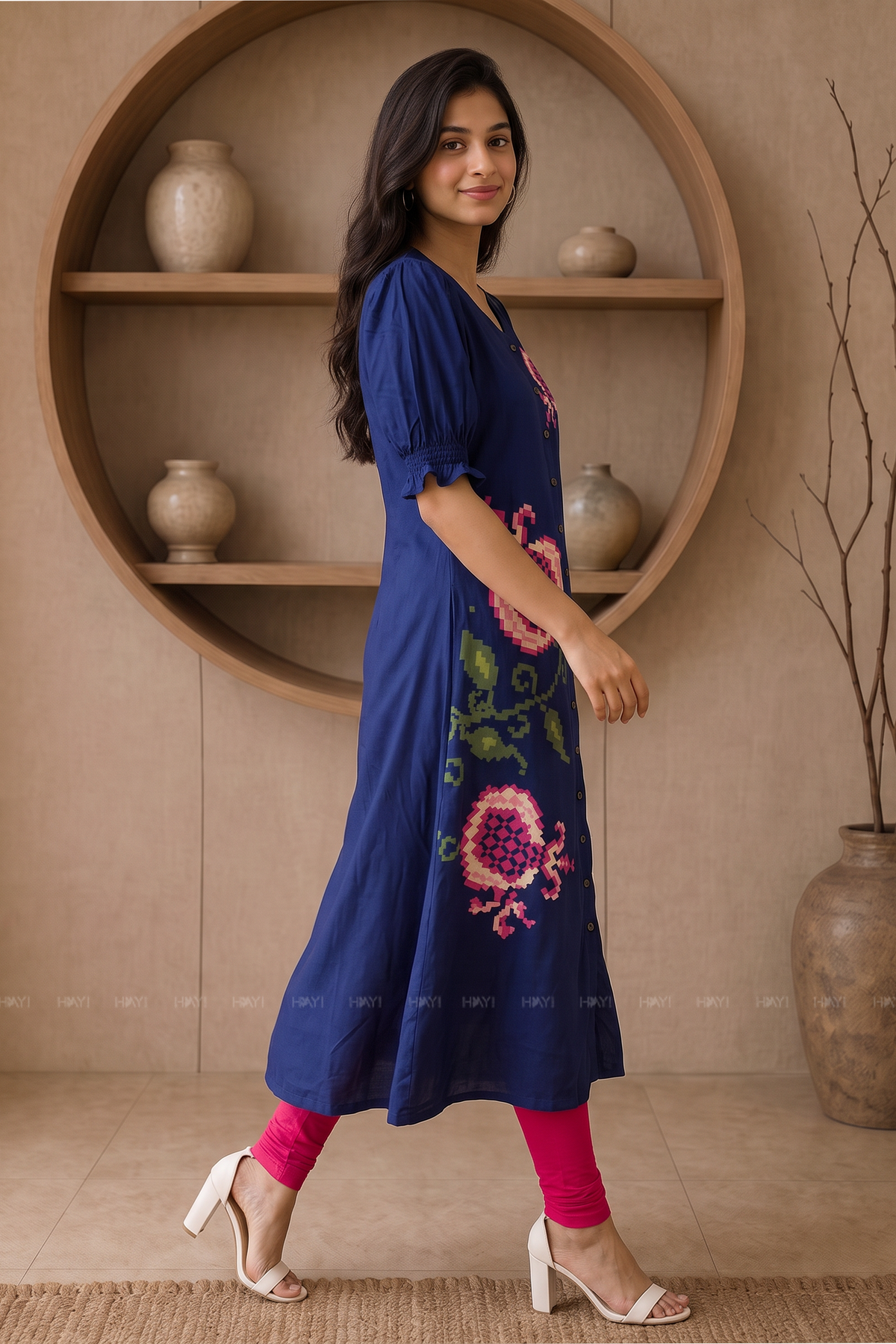 Midnight Rosette Blue  Printed Viscose Kurta