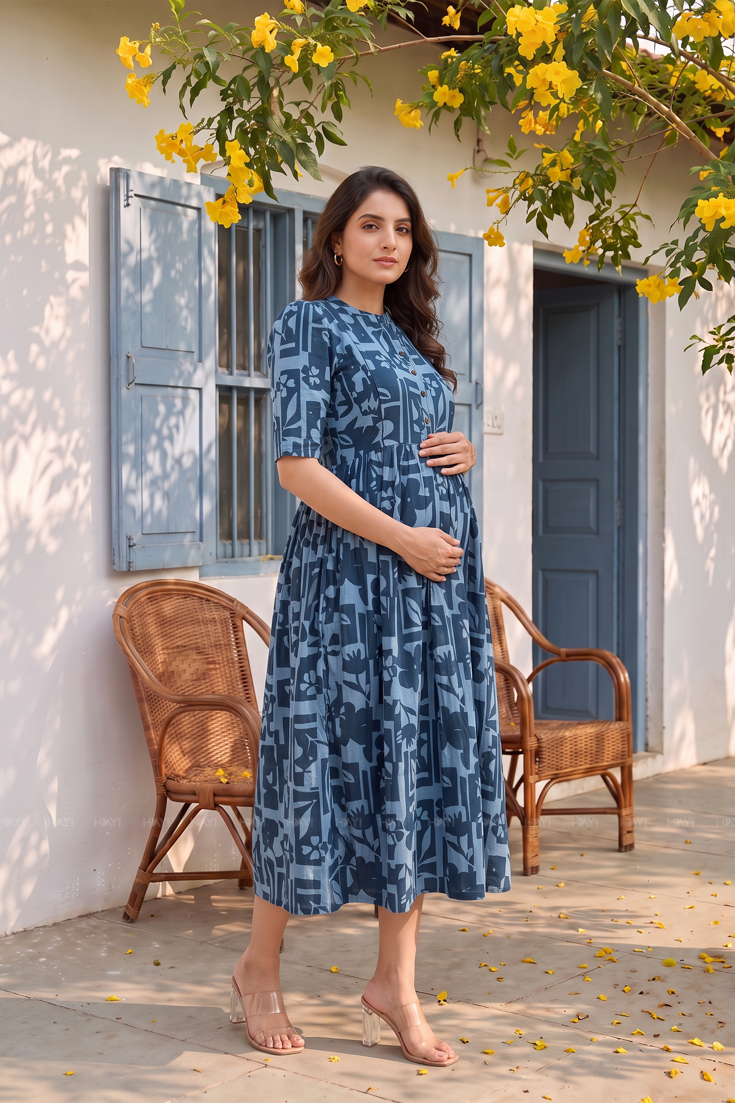Teal Floral Mosaic Printed Maternity and Feeding Maxi Dress