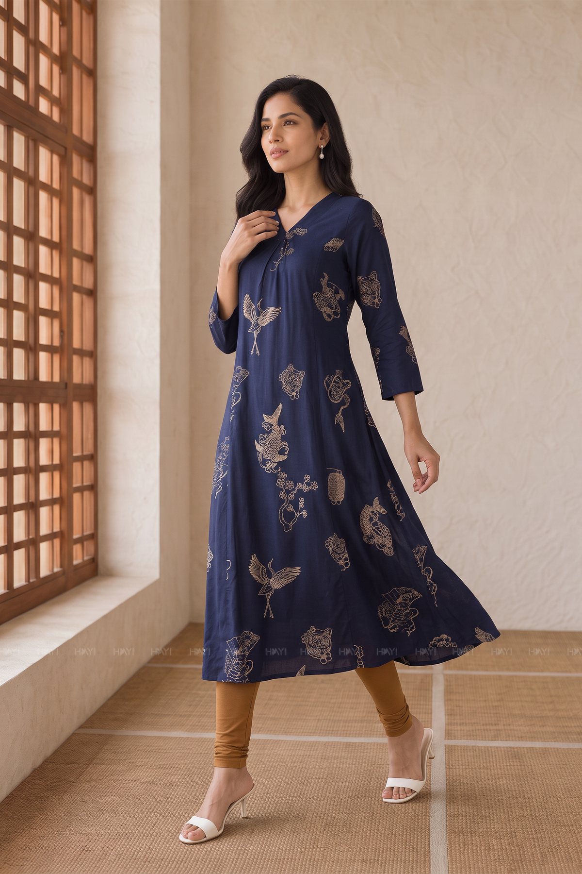 Midnight Crane Printed A-Line Kurta
