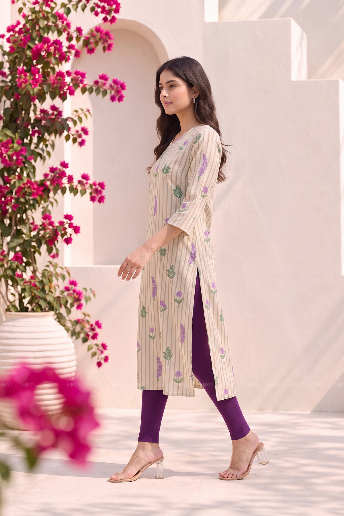 Ivy Bloom Beige Viscose Floral Printed Kurta