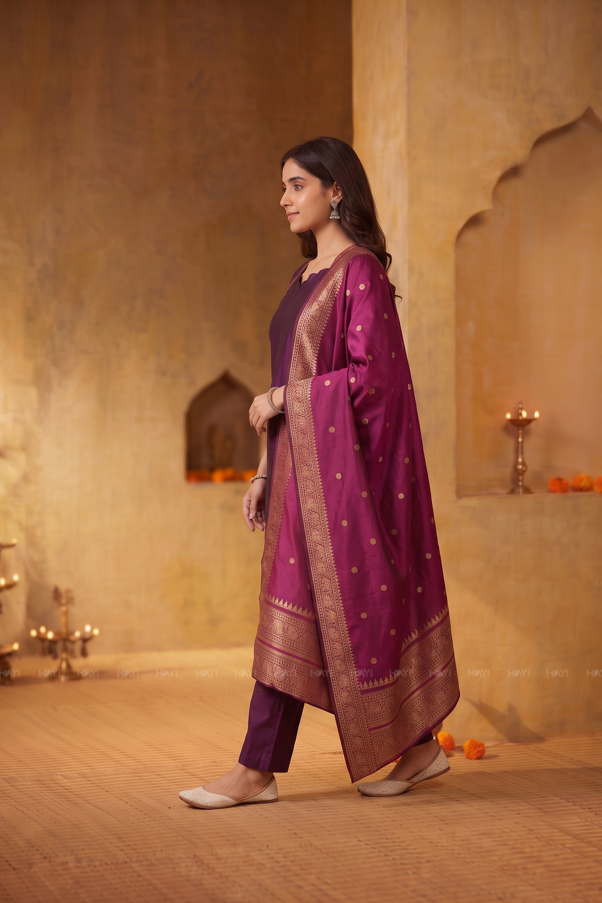 Royal Tapestry Purple Silk Blend 3-Piece Woven Kurta Set