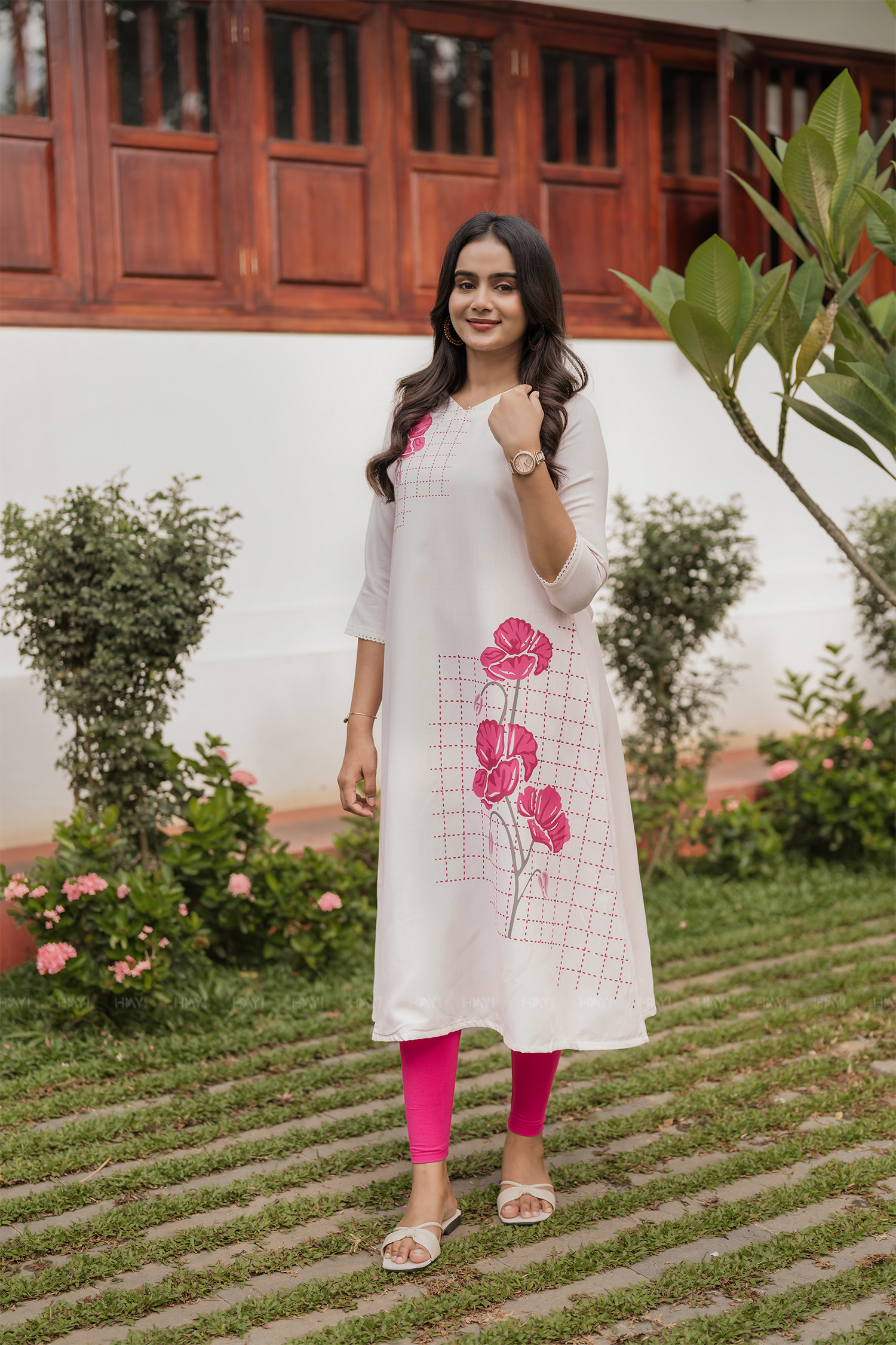 Rosecheck Path Beige Linen Blend Printed A-Line Dress