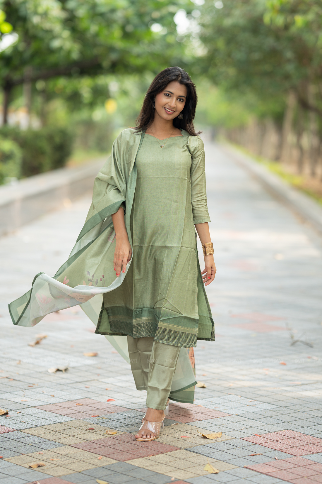 Matcha Bloom 3 Piece Tussar Silk Printed Kurta Set with Dupatta