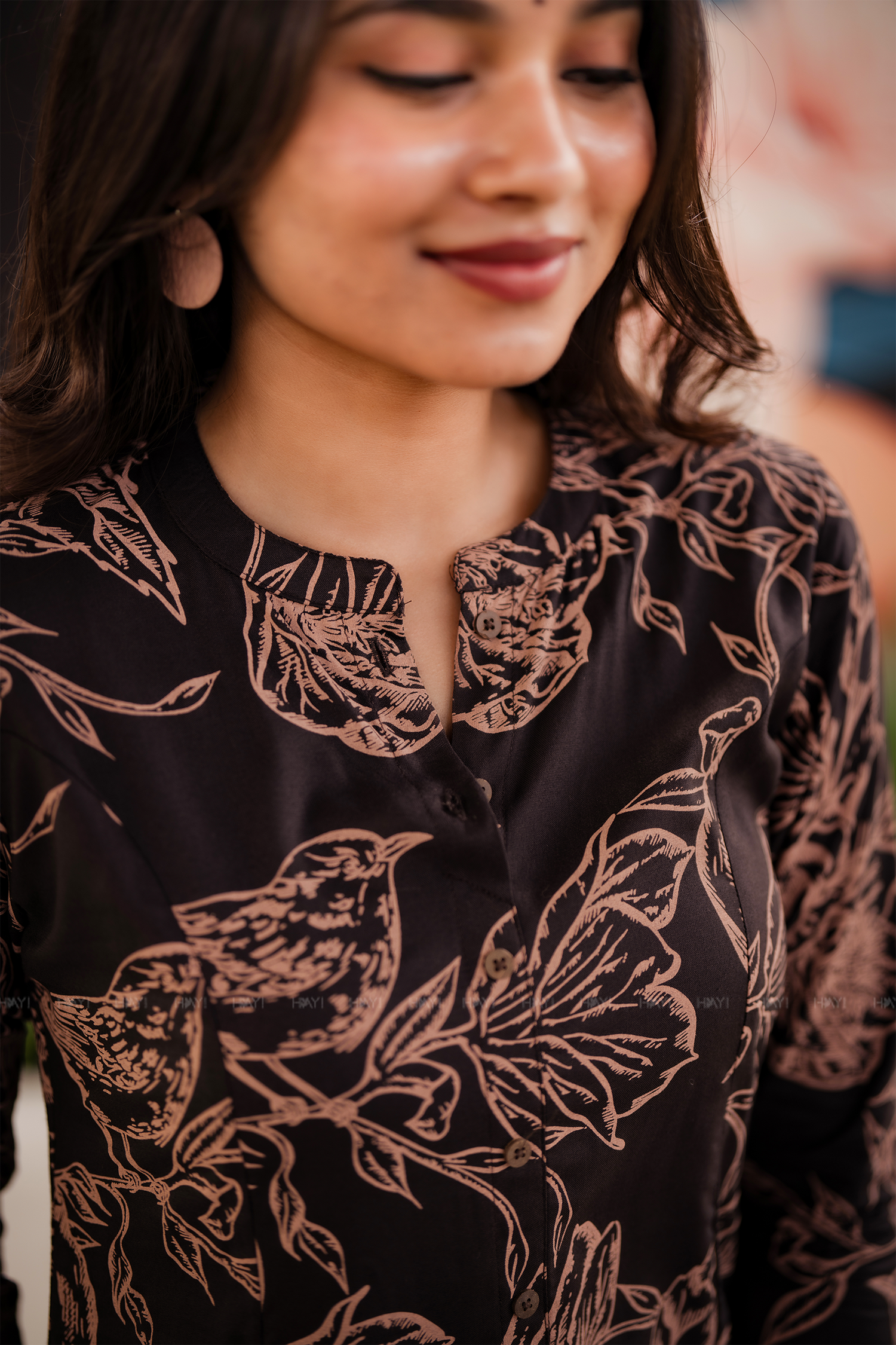 Cocoa Bloom  Deep Brown Viscose Printed Noir Bloom A-Line Outfit