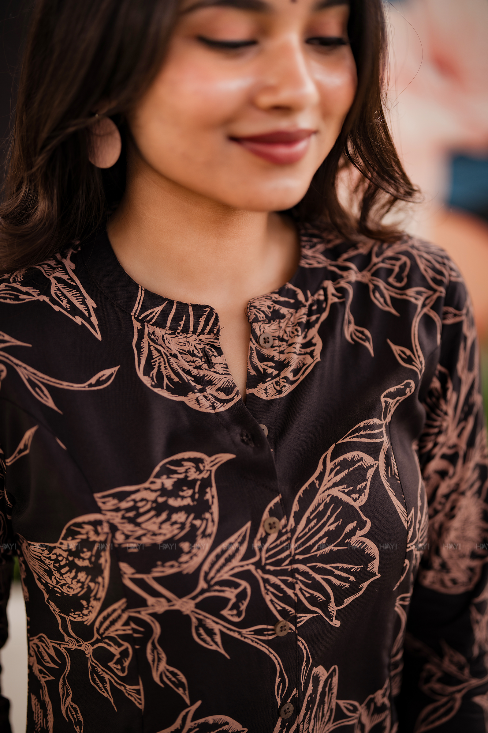 Cocoa Bloom  Deep Brown Viscose Printed Noir Bloom A-Line Outfit