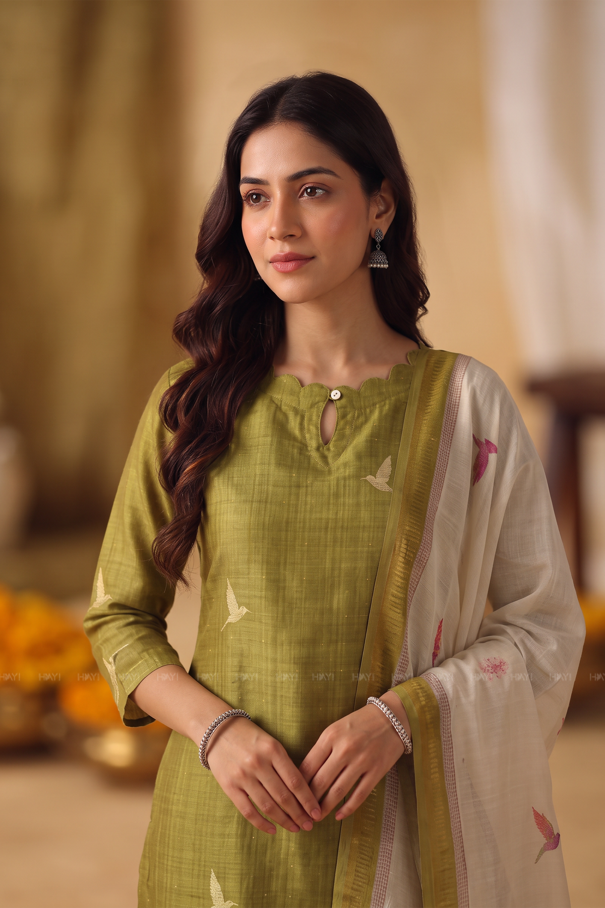 Lime Petals Green Tussar Silk Blend 3-Piece Printed Kurta Set